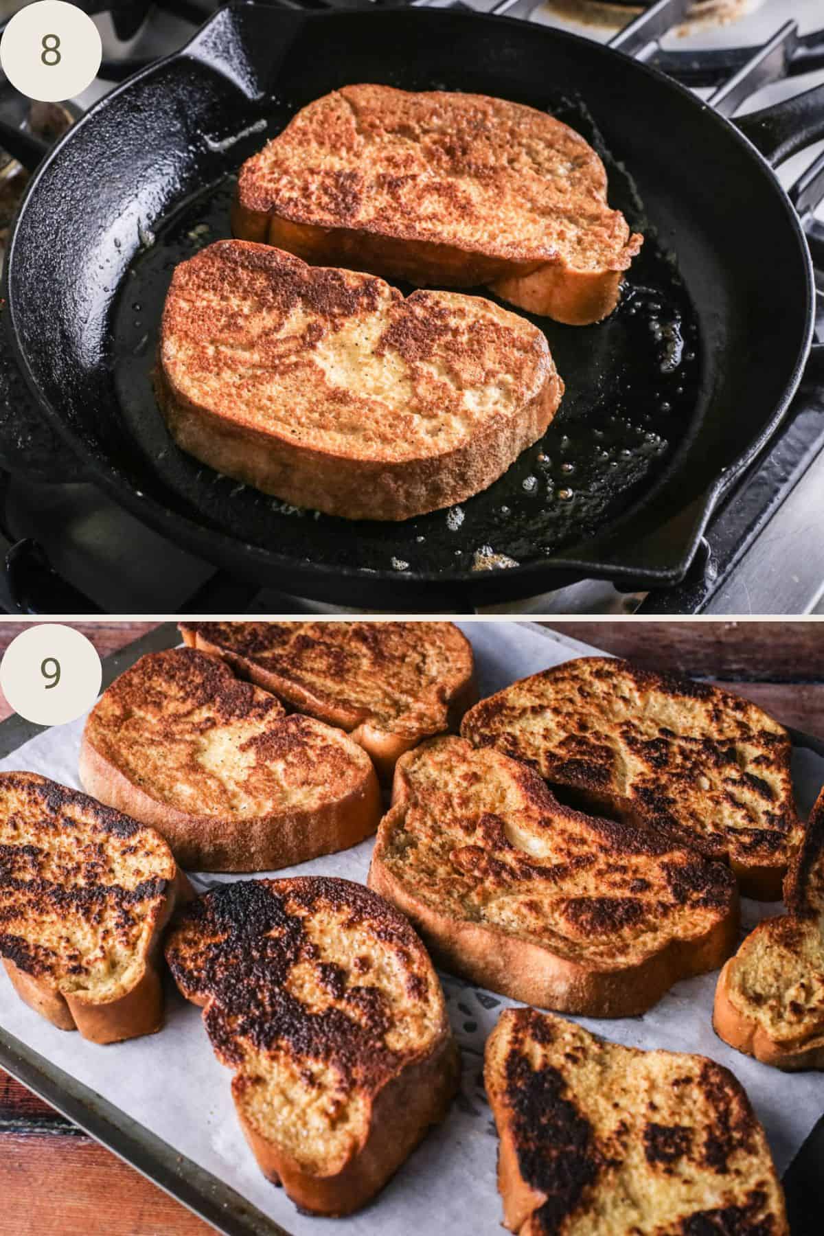 Gluten-free French toast in pan and cooked slices resting on baking tray.