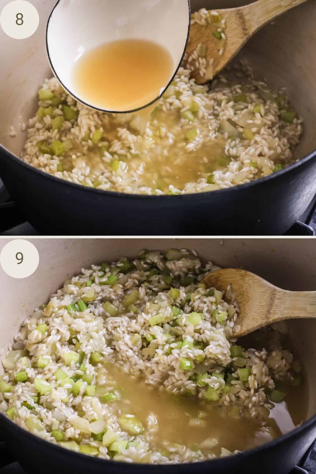 Stock added to pot and stirred in.