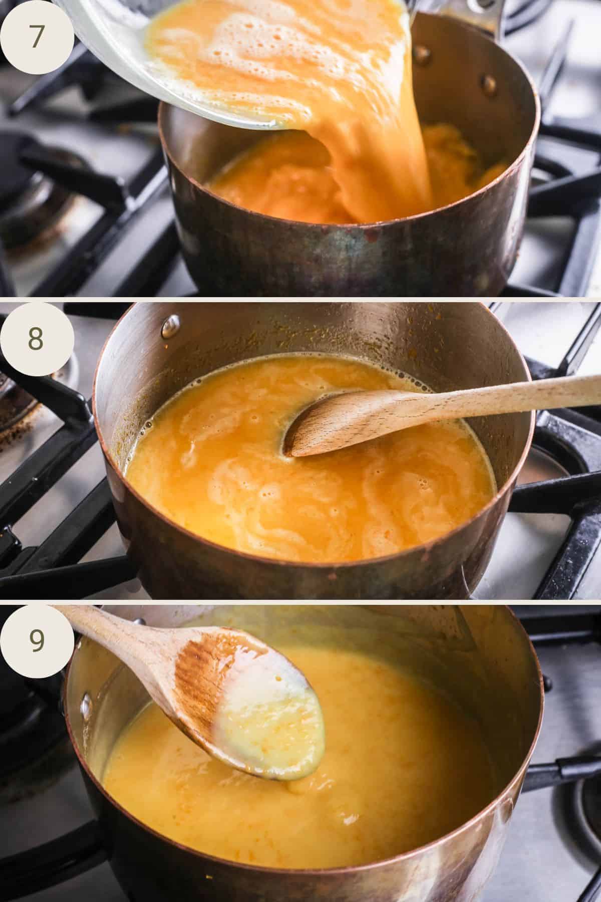 Orange curd mixture poured back into saucepan with heat on low, stirred with wooden spoon until thickened.