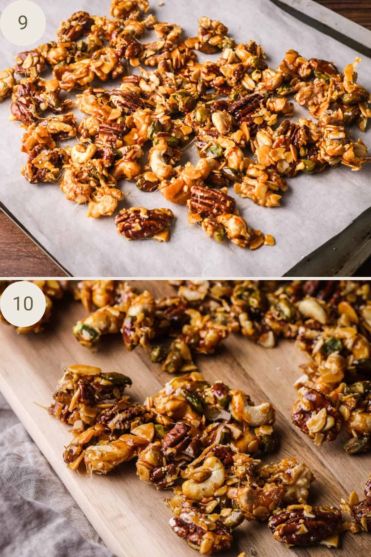 Caramelised nuts tipped out onto a lined baking tray. Broken up on a chopping board.
