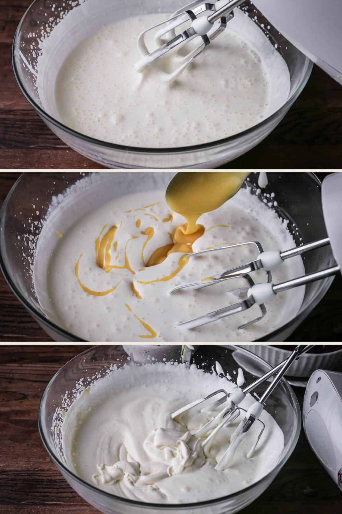 Double cream whipped until thick. Orange Curd spooned in and then whipped into double cream until soft peaks form.