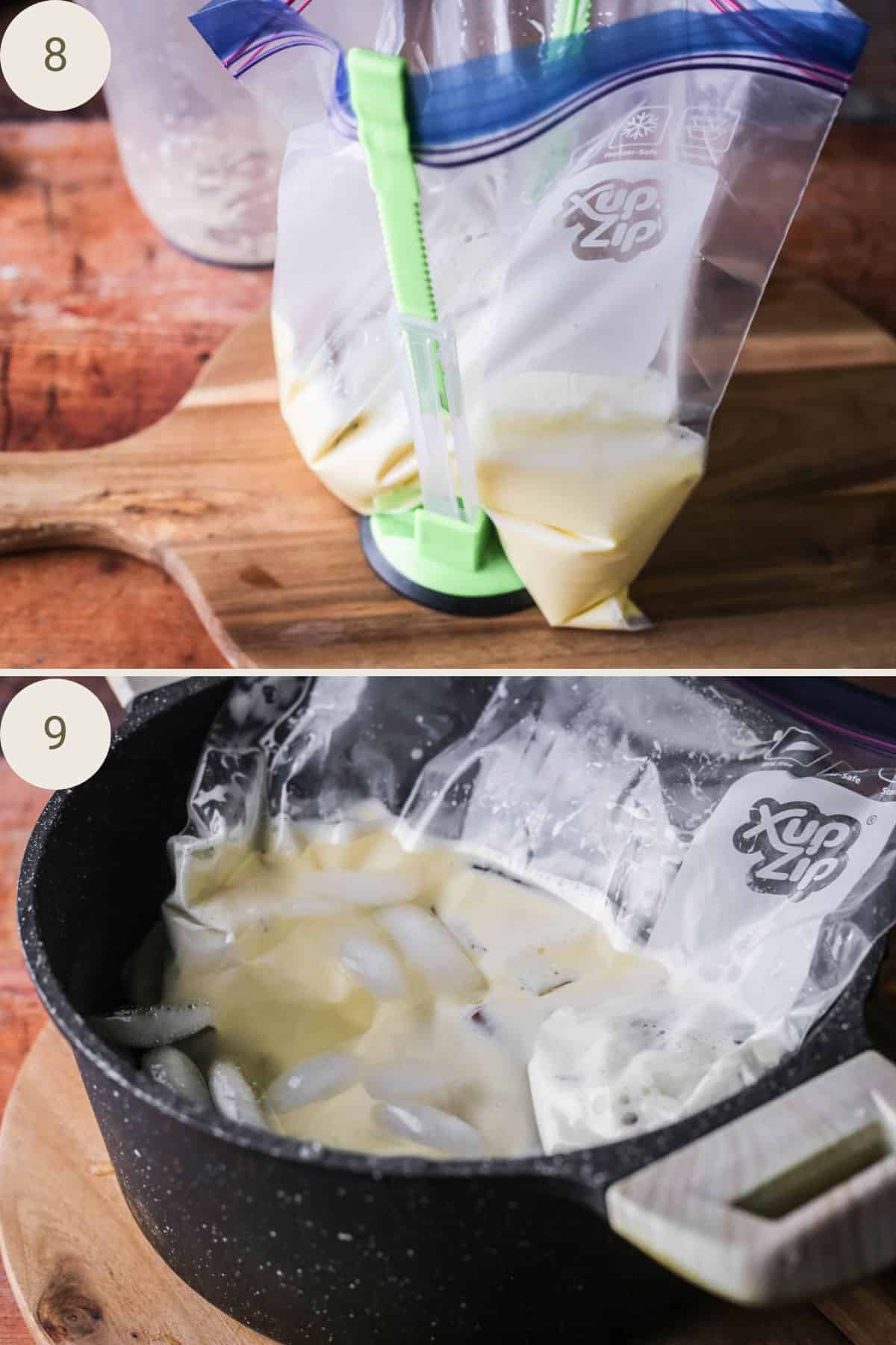 Custard base poured into food storage bag held up by clips. Bag placed into iced water bath to cool.