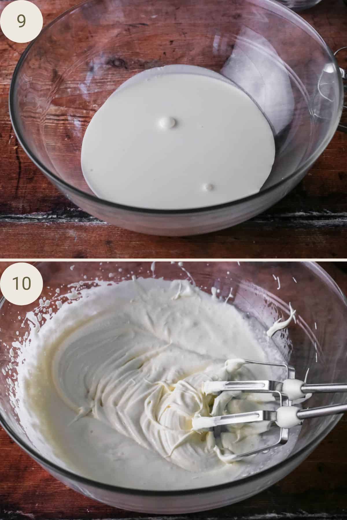Double cream whipped to soft peak stage in large mixing bowl.