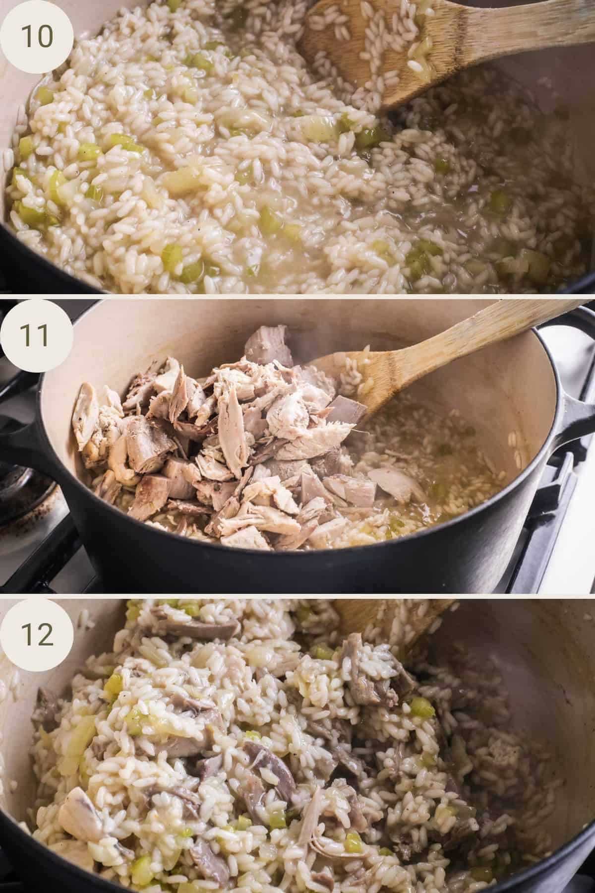 More stock added to plumped arborio rice in pot. Turkey added then stirred in gently.