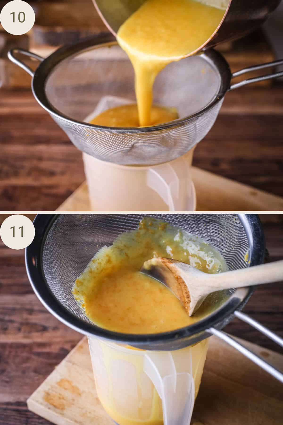 Orange curd strained into jug.
