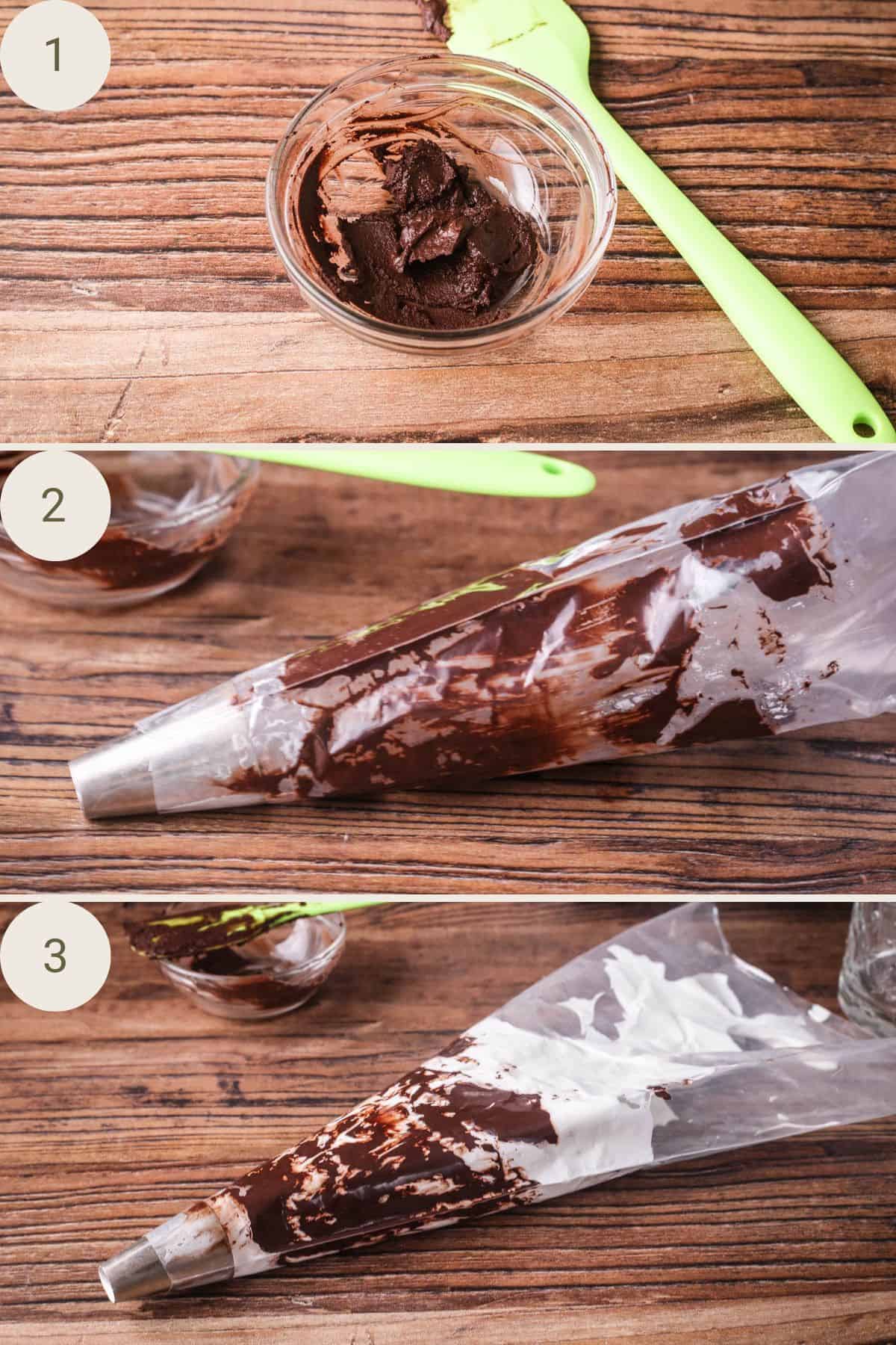 Cocoa paste in a bowl, scraped inside a piping bag. Piping bag then filled with meringue mixture.