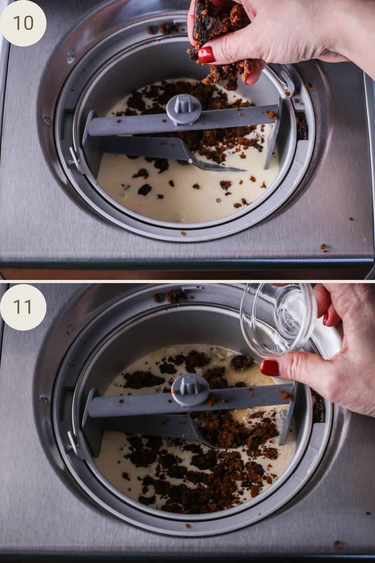 Custard base poured into ice cream machine, christmas pudding and brandy added.