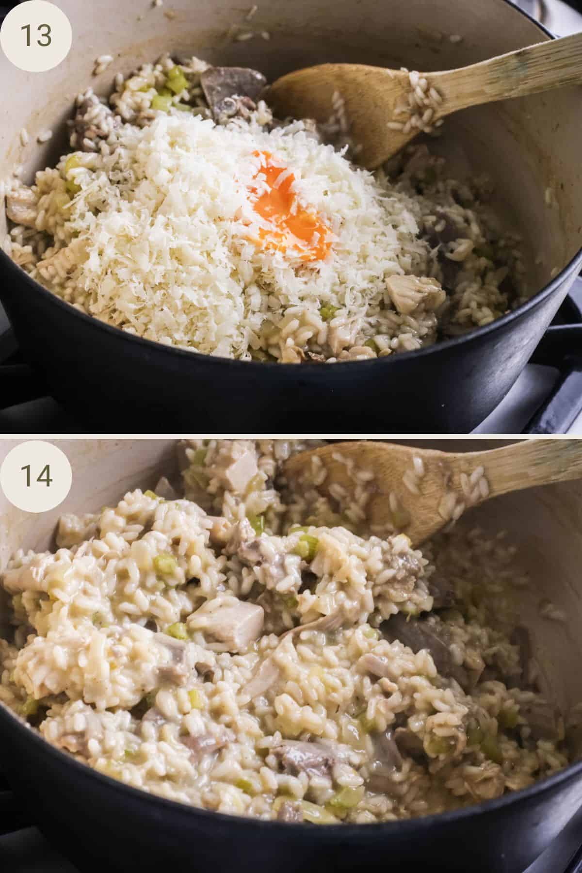 Parmesan and egg yolk added to risotto and gently stirred in. Risotto in pan looking creamy and ready for serving.