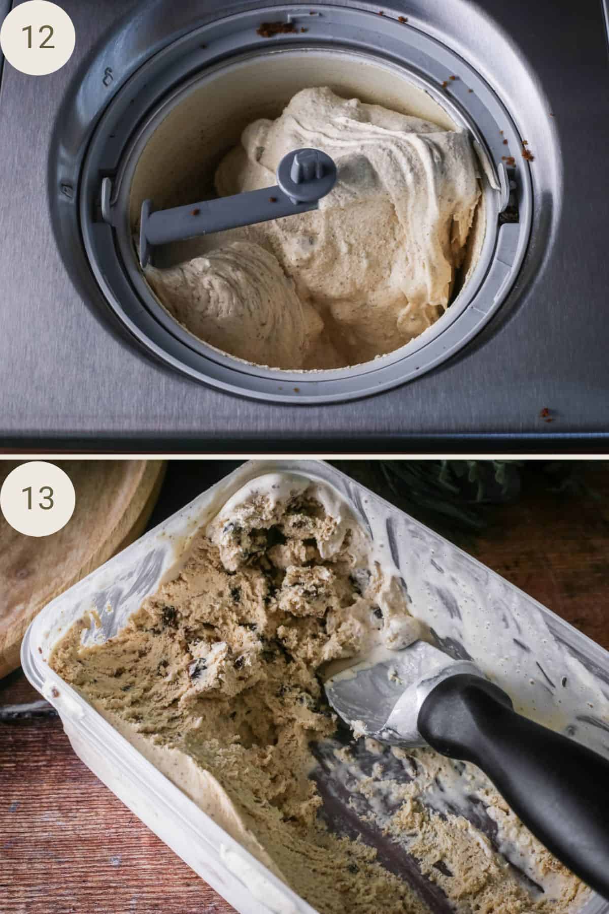 Churned ice cream in ice cream machine. Ice cream in airtight container.