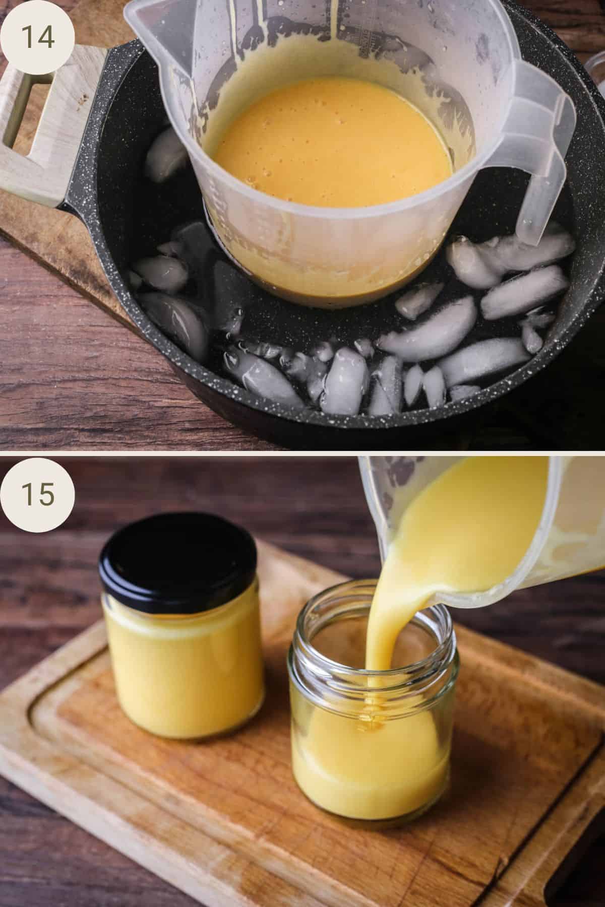 Jug of orange curd cooling for 15 minutes in water bath. Orange curd poured into sterilised jars.