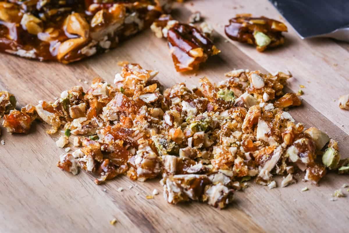 Caramelised nuts chopped into fine shards.