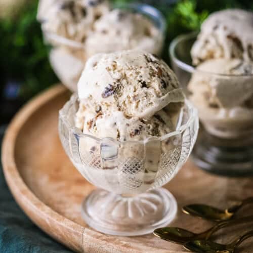Christmas Pudding Ice Cream in an ice cream bowl, lusciously creamy with christmas pudding studded throughout.