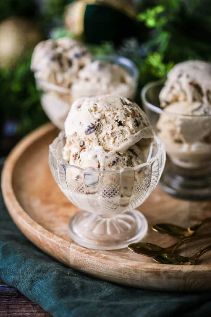 Christmas Pudding Ice Cream in an ice cream bowl, lusciously creamy with christmas pudding studded throughout.