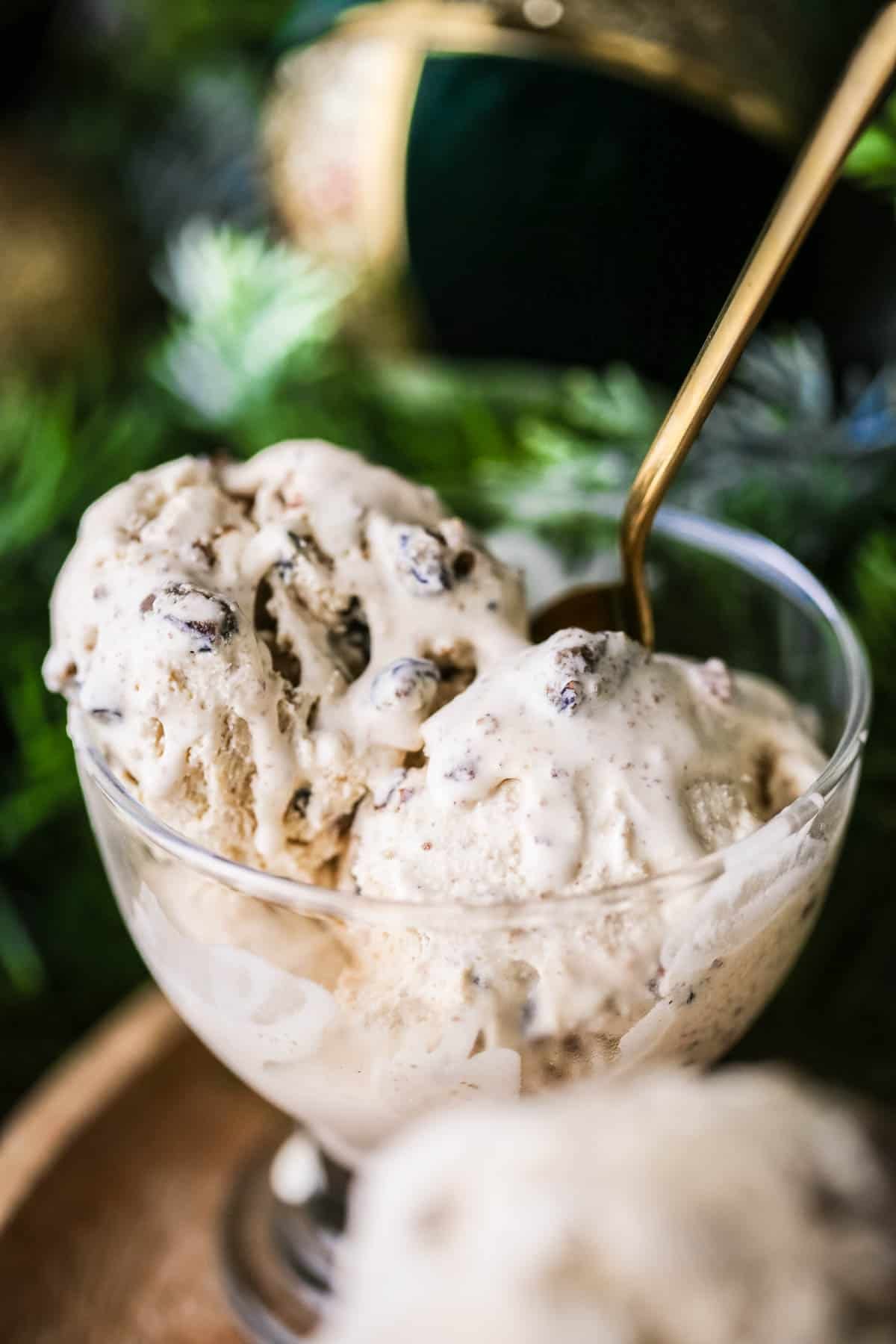 Melty Christmas Pudding Ice Cream in an ice cream bowl, lusciously creamy with christmas pudding studded throughout.