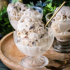 Christmas Pudding Ice Cream in an ice cream bowl, lusciously creamy with christmas pudding studded throughout.