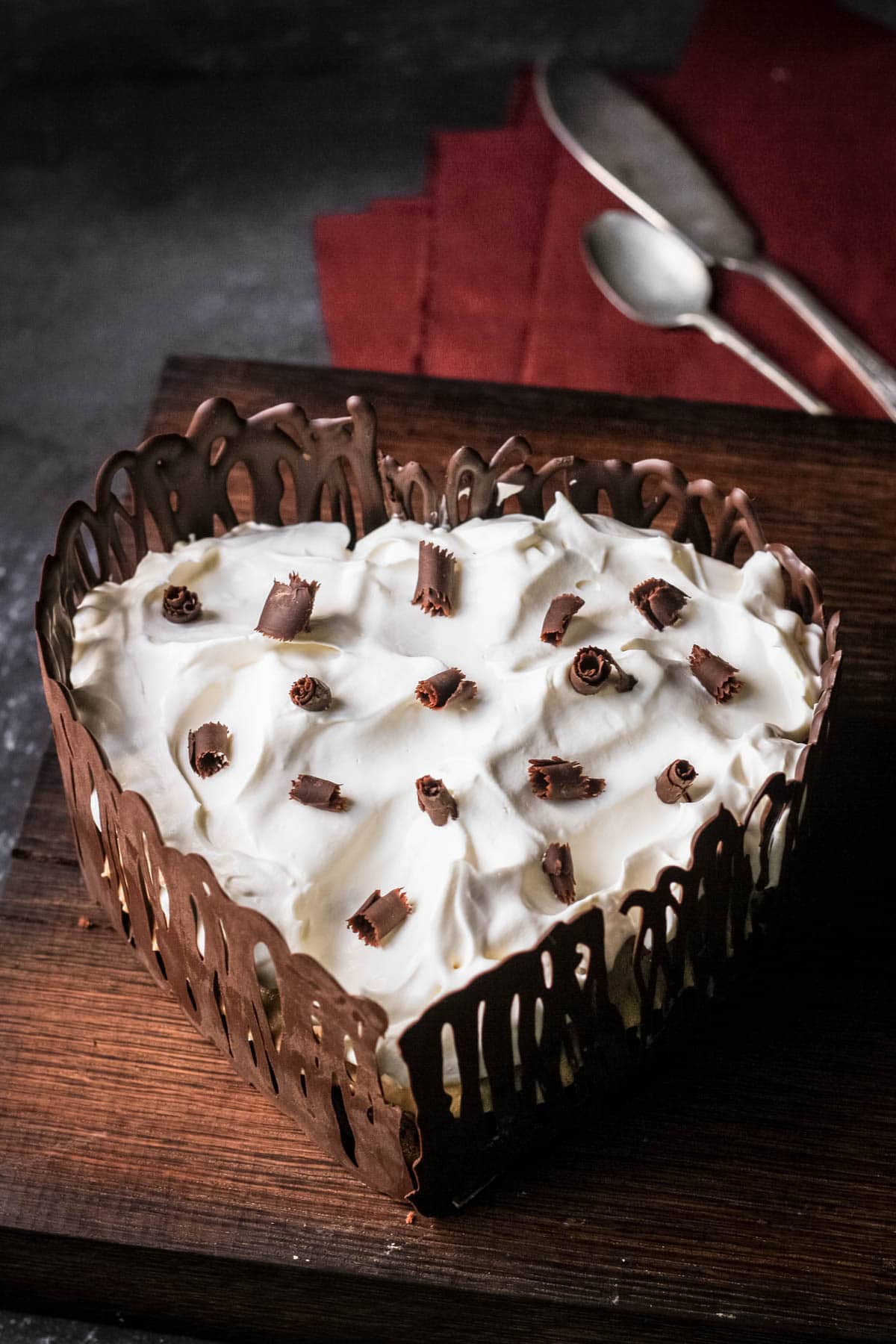 Chocolate cage around chocolate mousse cake.