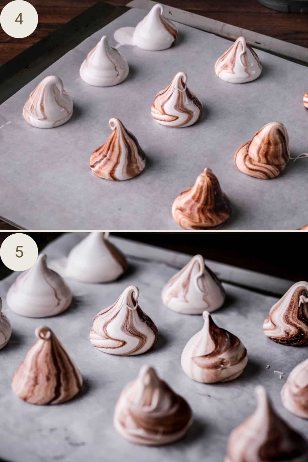 Cocoa Meringue Kisses piped onto large baking sheet, before and after baking.