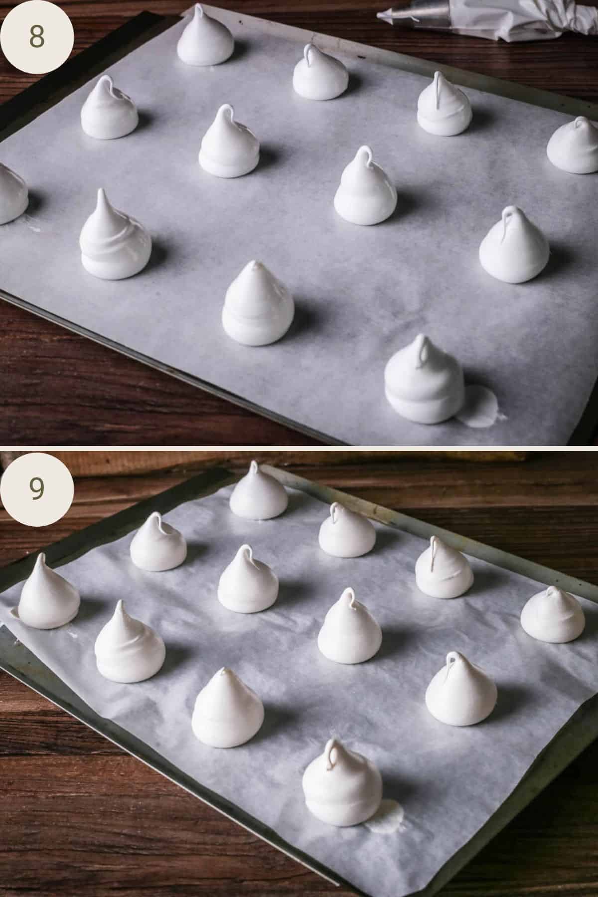 Meringue kisses piped onto large baking sheet, before and after baking.