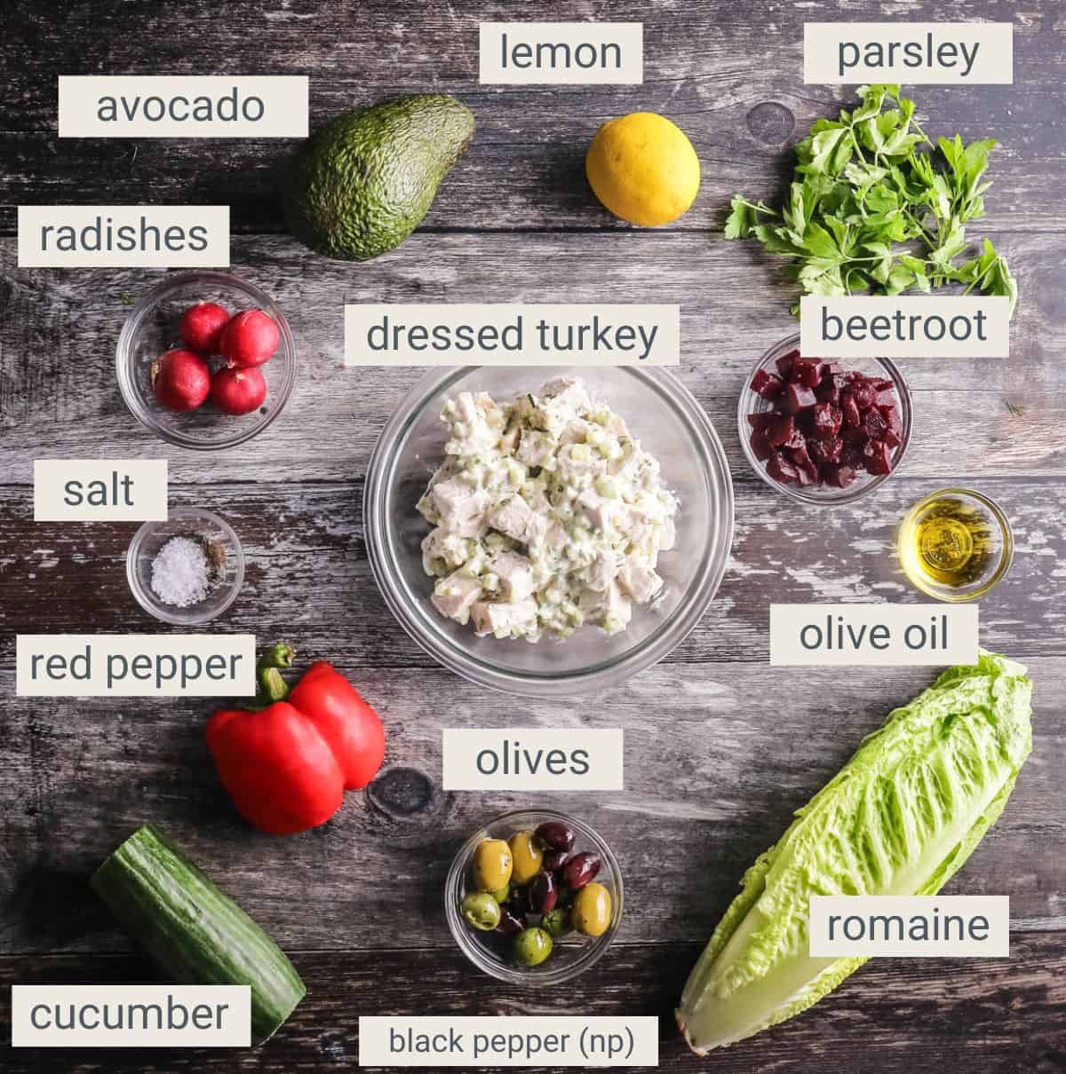 Turkey Salad ingredients on table.