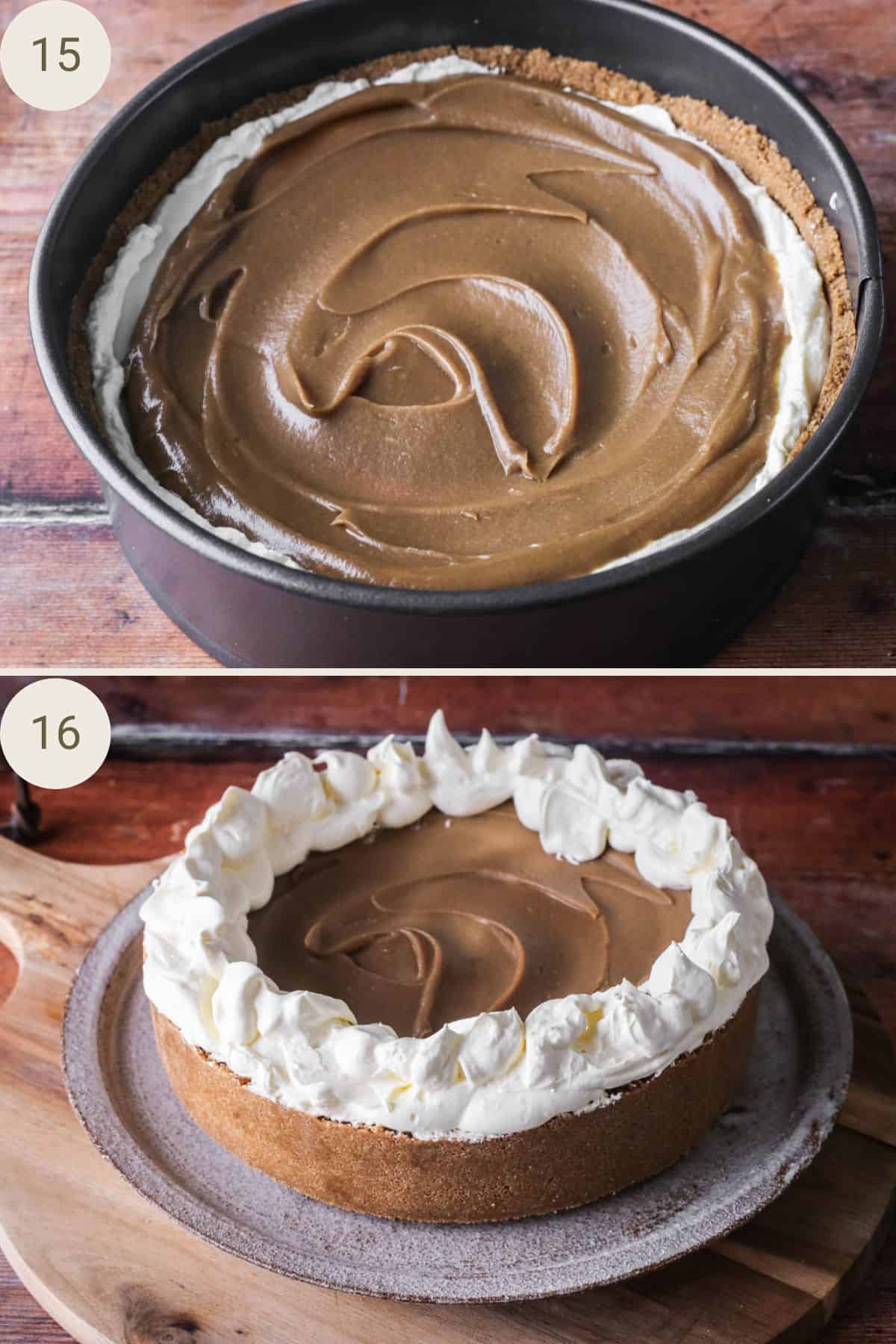 Sticky toffee sauce poured then swirled over the top until smooth. Whipped double cream added to the top of the cheesecake.