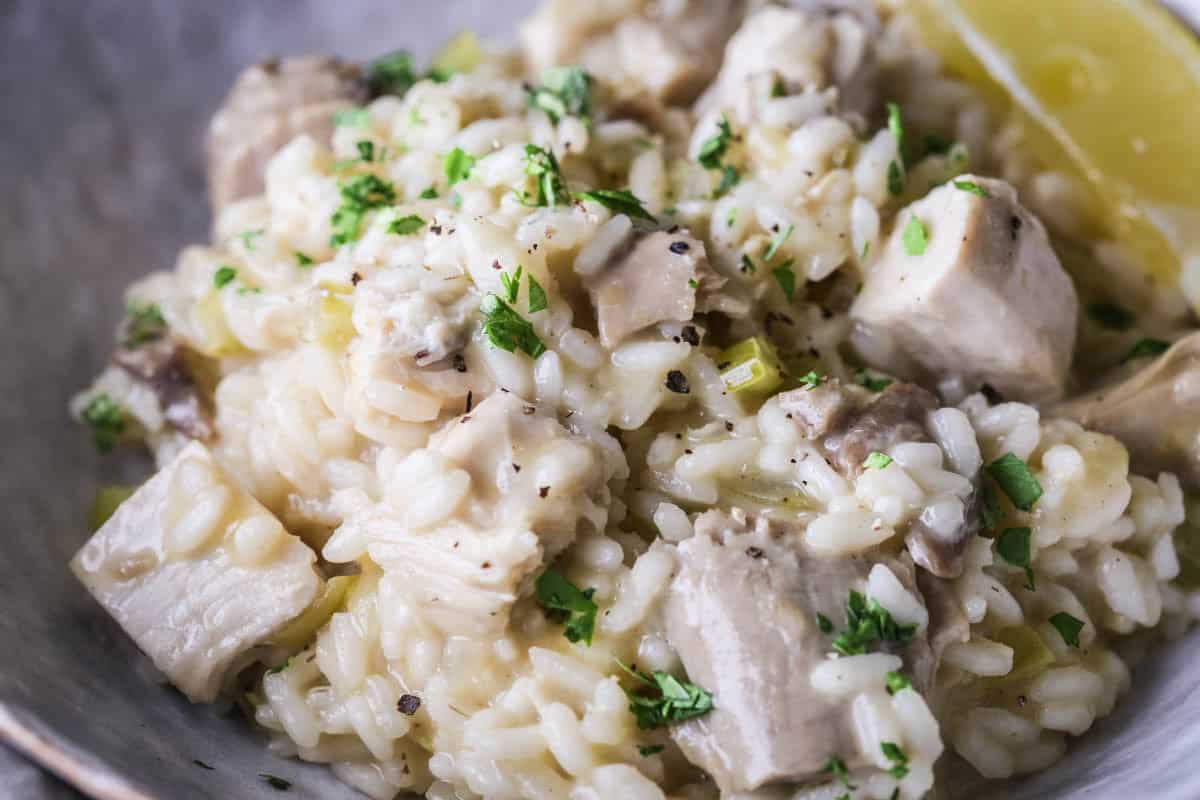 A bowl of silky Turkey Risotto showing creamy texture with juicy turkey.