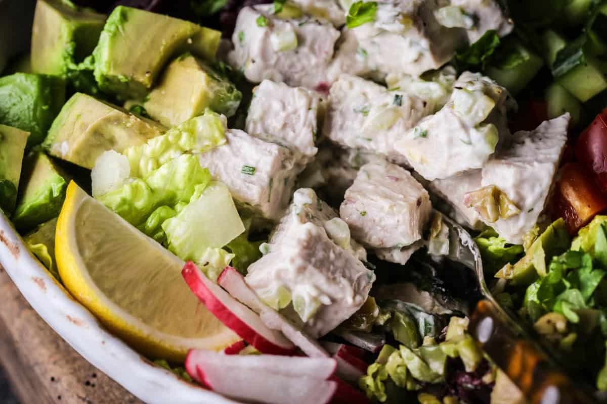 Turkey Salad in a bowl with fork diving in.