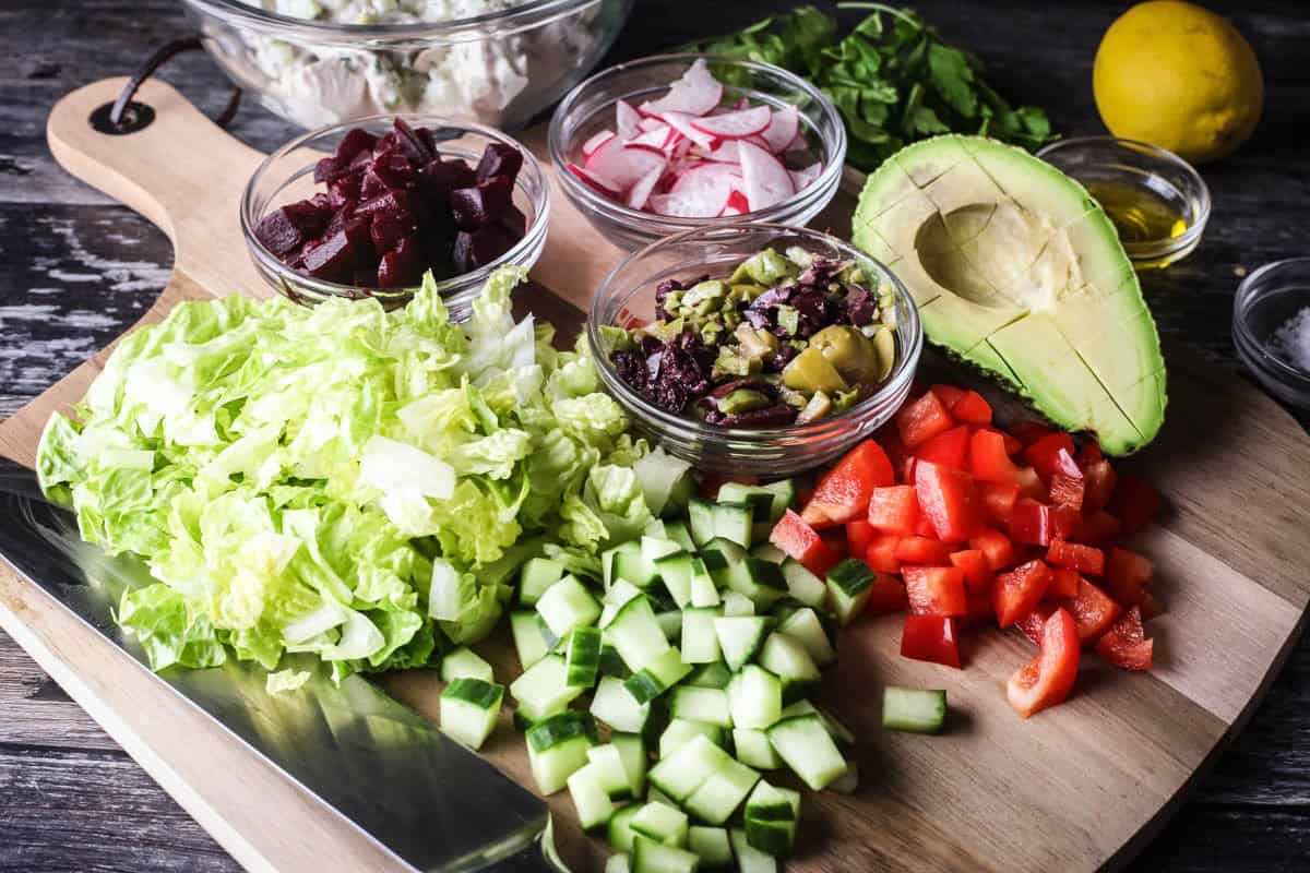 Turkey Salad ingredients on a chopping board.
