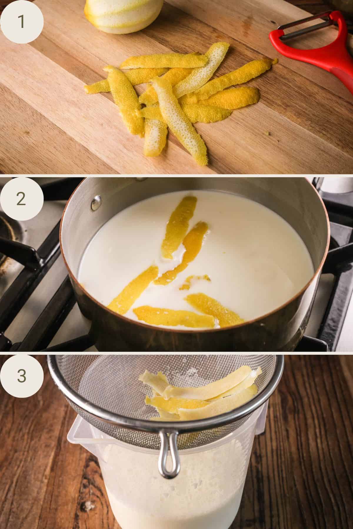 Lemons peeled and added to milk to heat and infuse for at least two hours. Strained into jug.