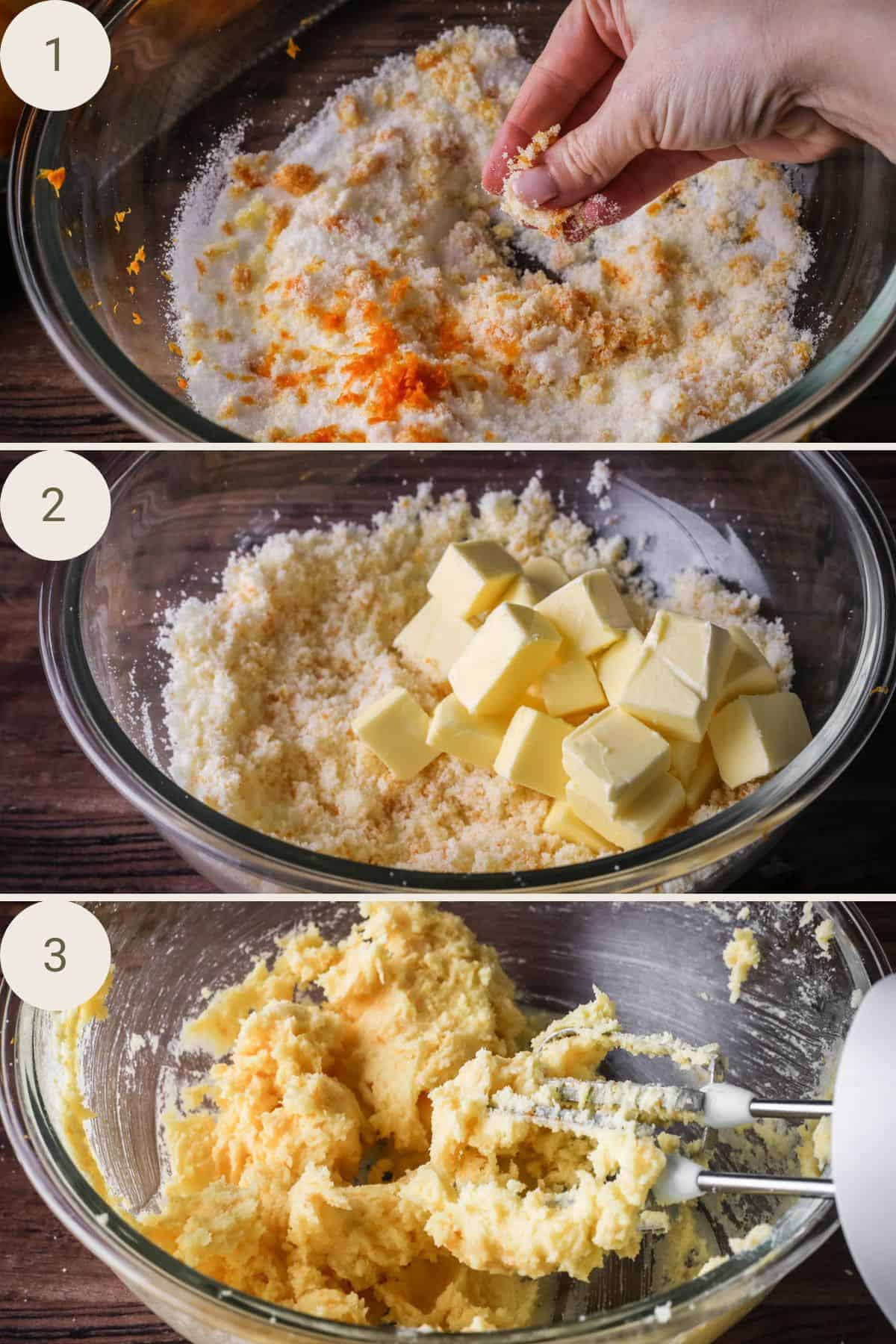 Orange zest rubbed into caster sugar. Butter added and beaten in until light and creamy.