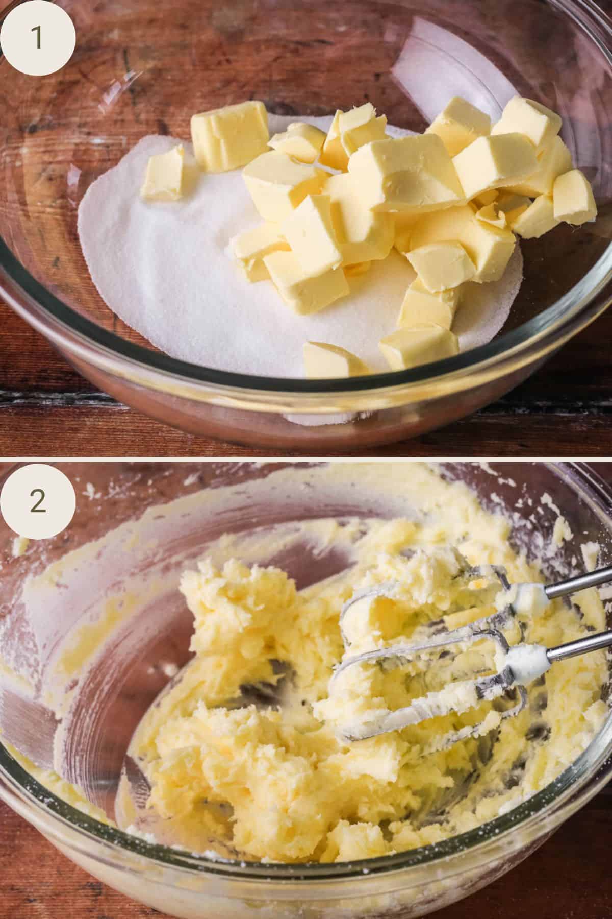 Butter and sugar in large mixing bowl, then creamed together.