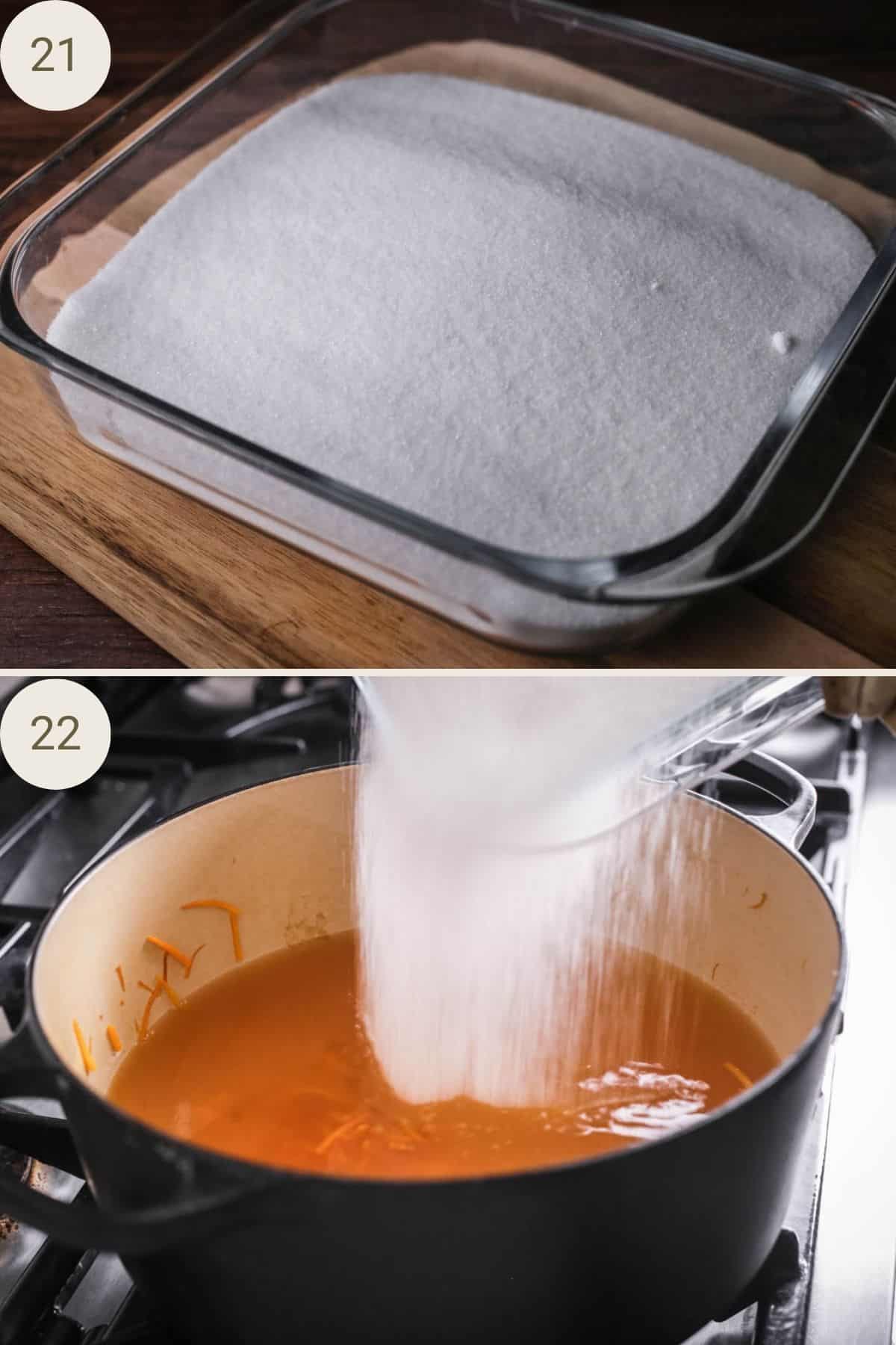 Sugar in glass baking dish ready for warming in oven. Warmed sugar poured into preserving pan with the marmalade mixture.