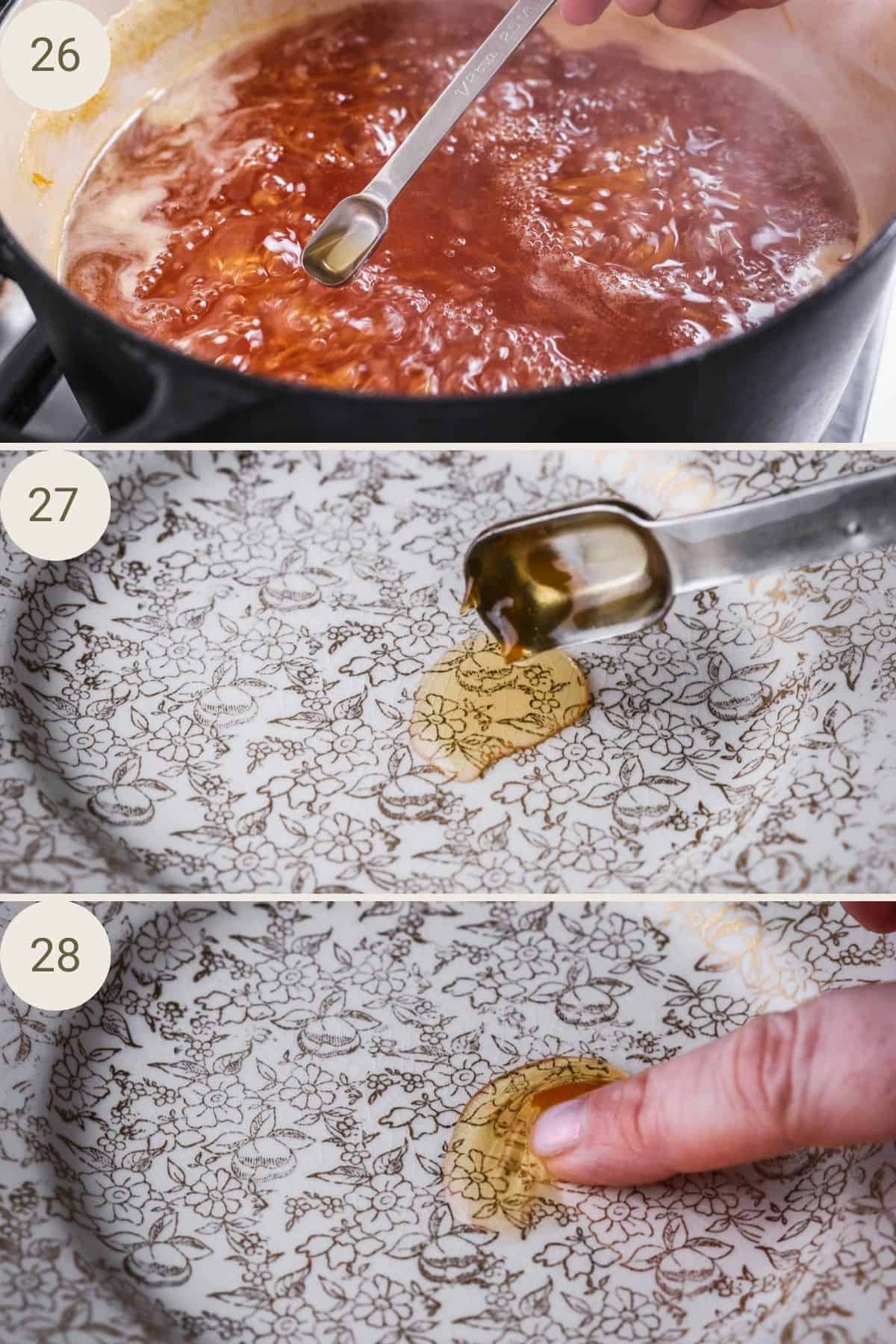 Spoonful of marmalade removed and placed on frozen saucer. Finger pushing the set marmalade so it wrinkles up.