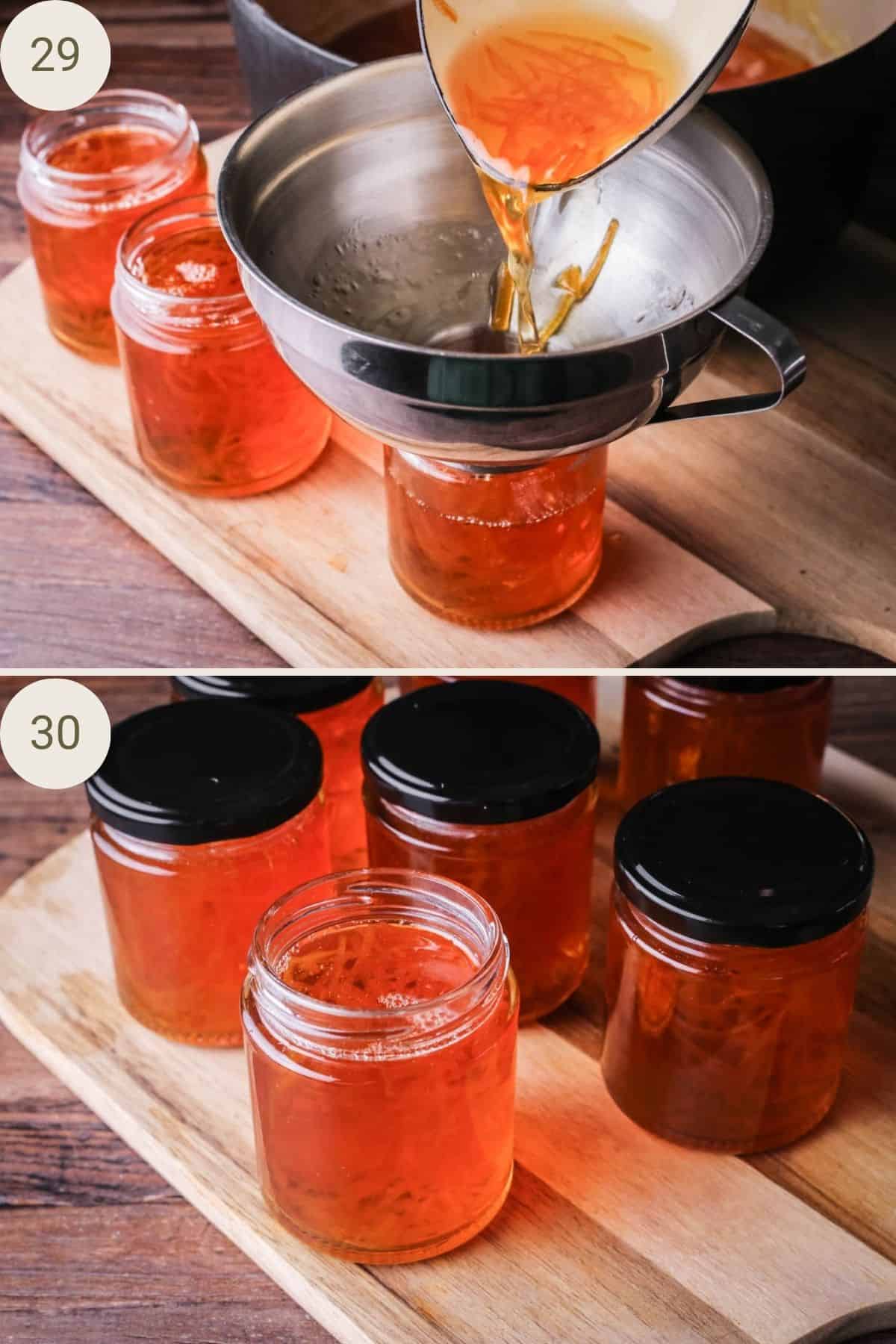 Marmalade poured into jam funnel into sterilised jars. Lids placed on.