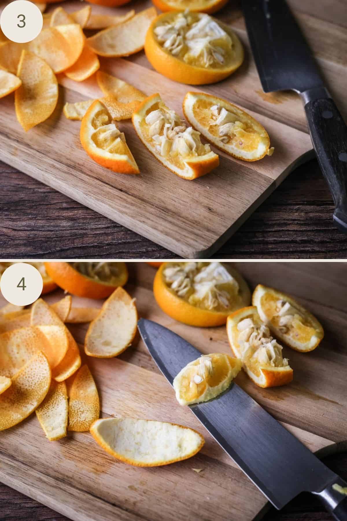 Orange halves cut into 3 segments and sharp knife removed flesh.