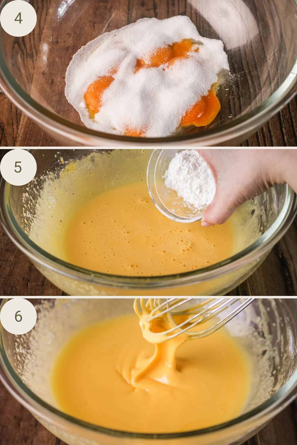 Eggs and sugar whisked until thick. Cornflour added and whisked in.