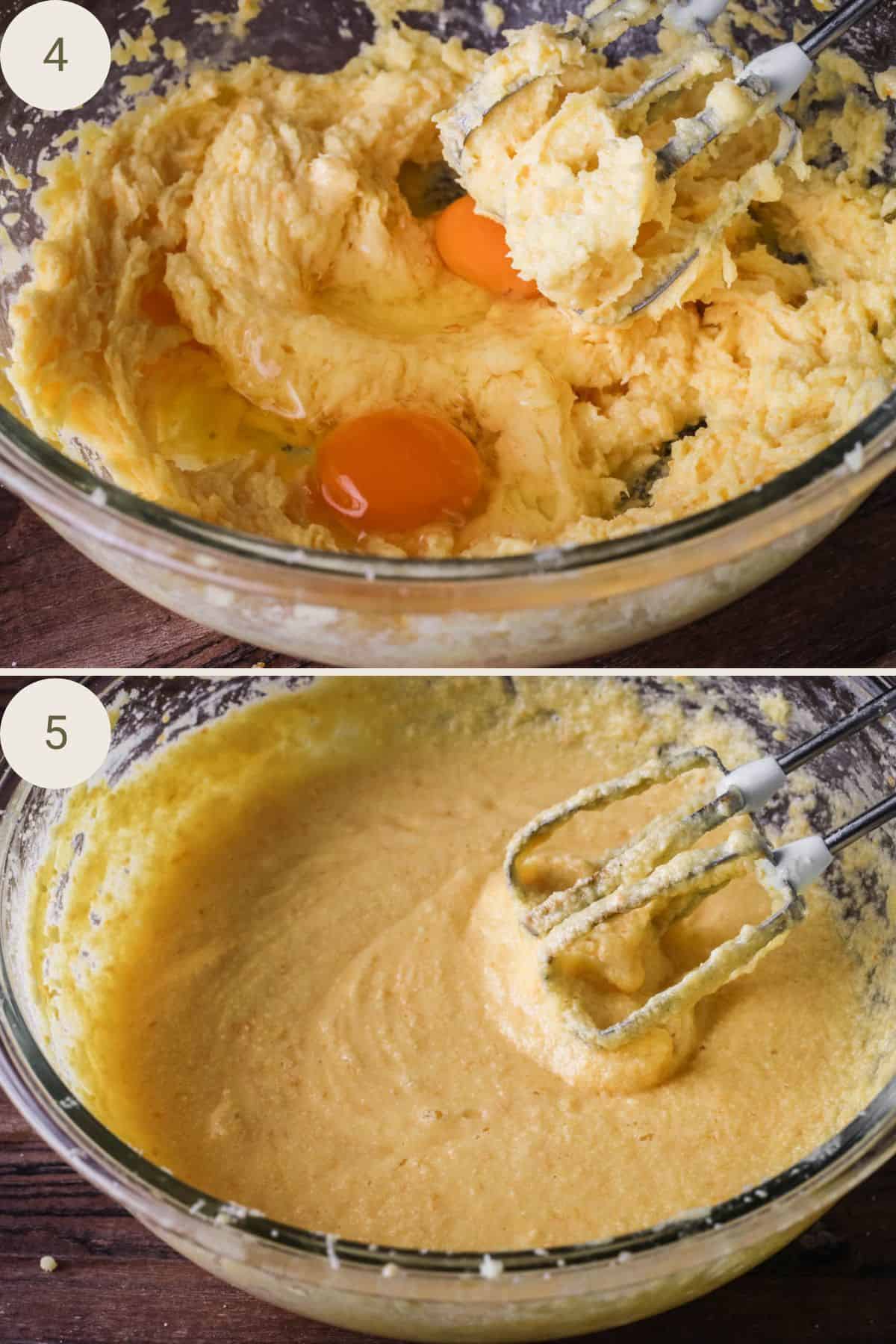 Eggs added and beaten into cake batter.