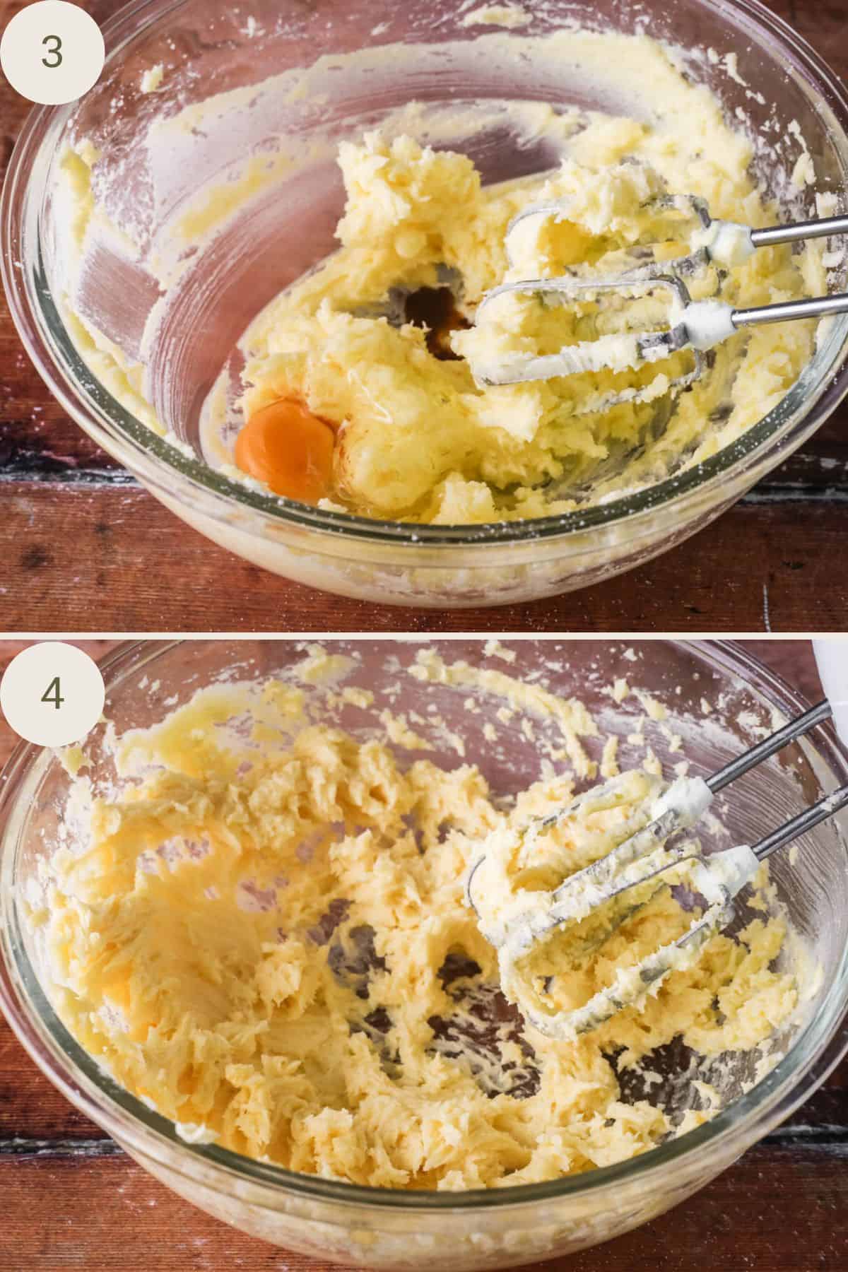 Egg and vanilla added to butter and sugar mixture. Mixed together so light and creamy.