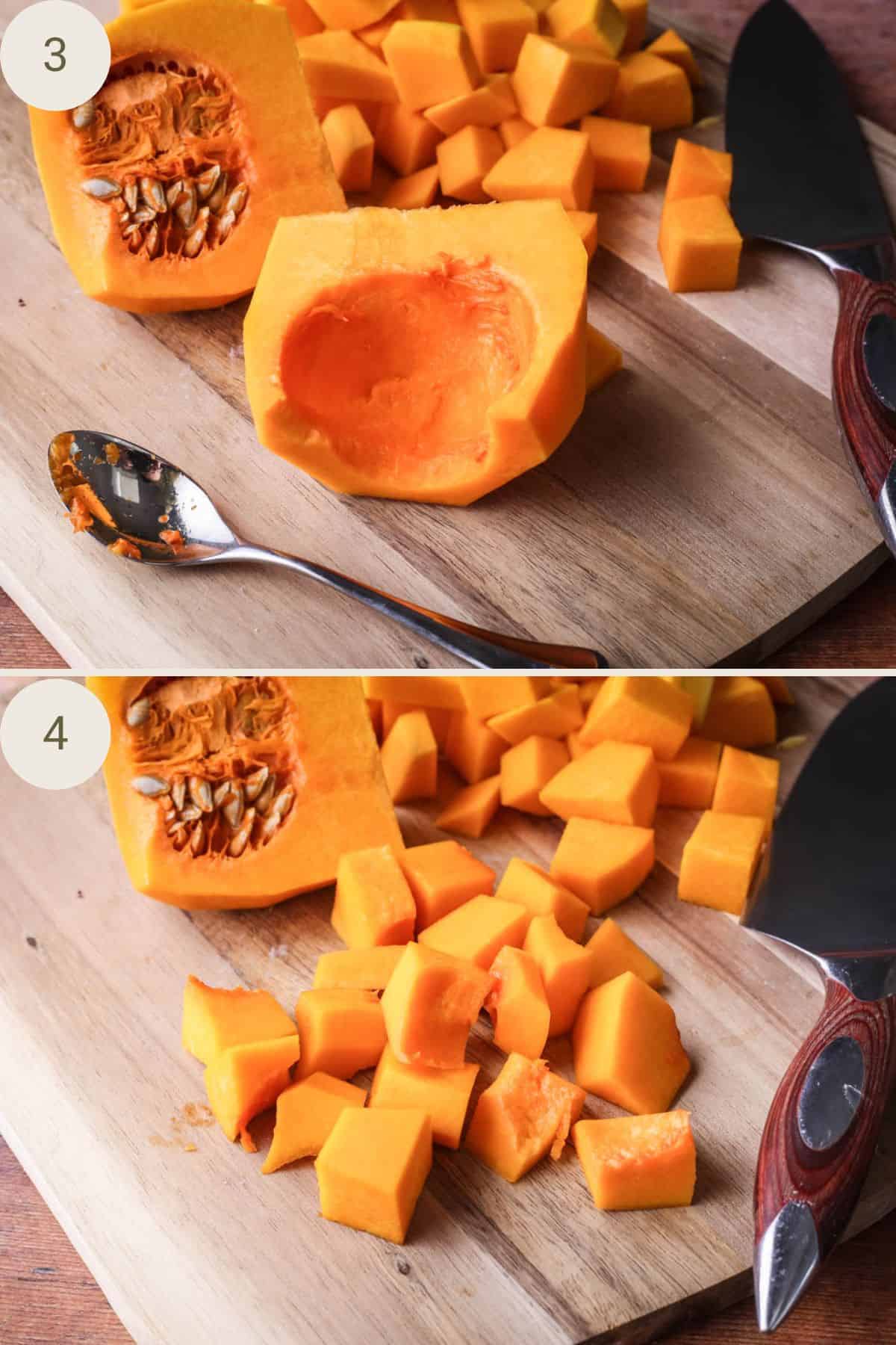 Seeds scooped out of half the butternut squash and the flesh cut into 2cm or 1 inch pieces.