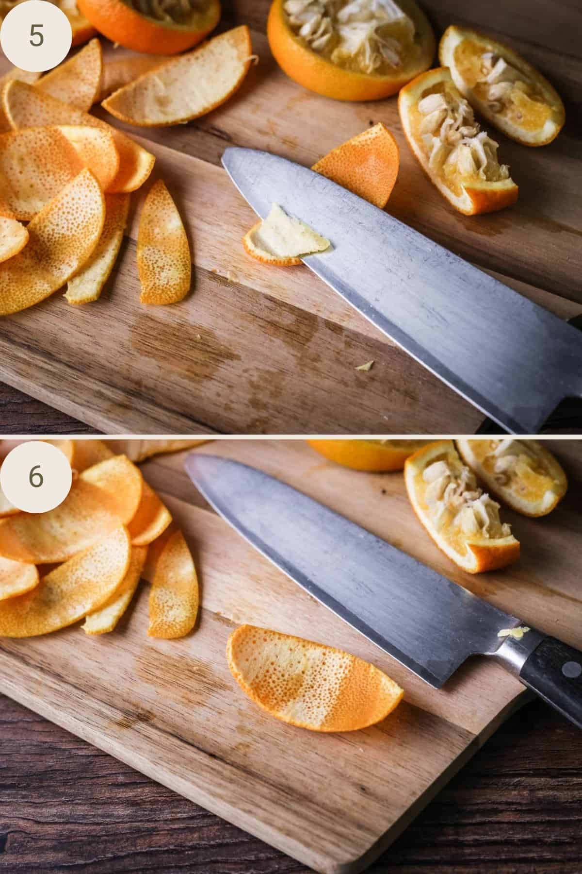 Sharp knife skimming the pith and membrane from the orange peel.