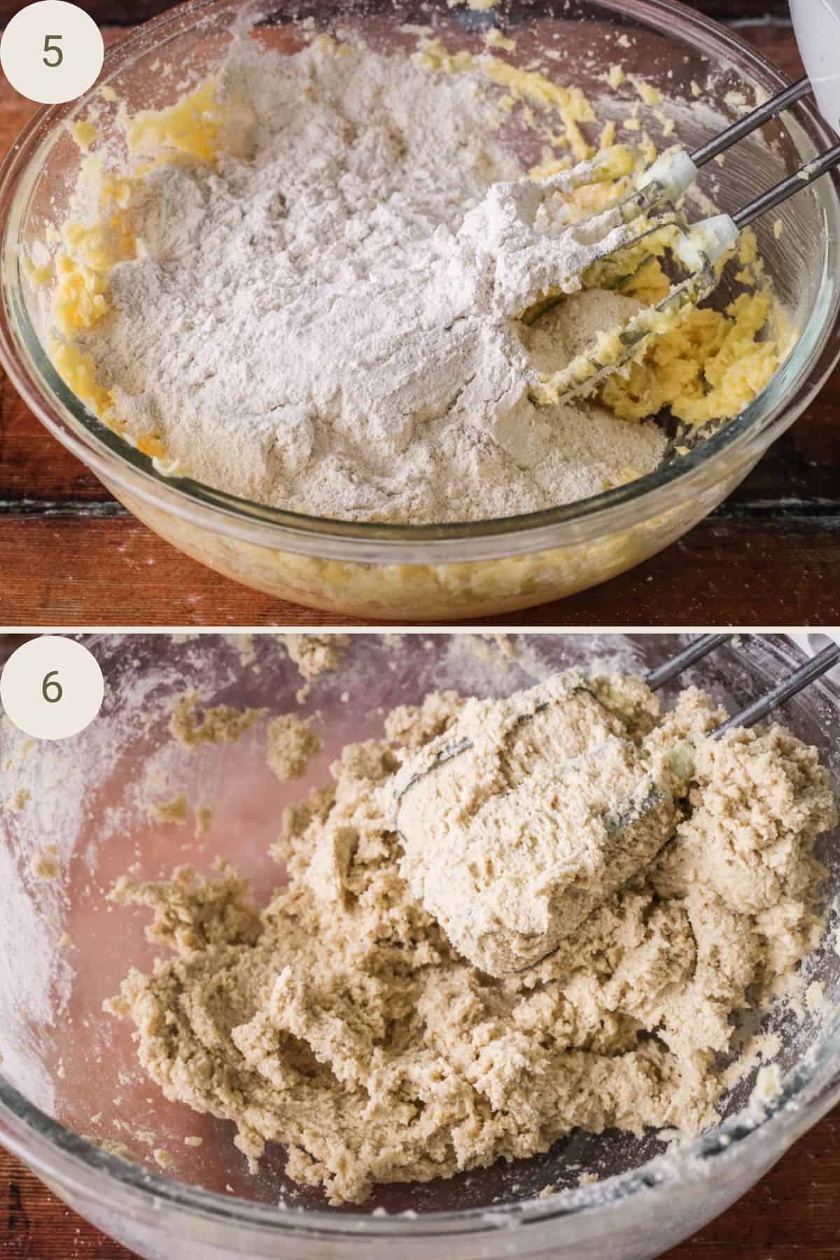 Flour and salt added to the rest of the ingredients, mixed together to form a dough.