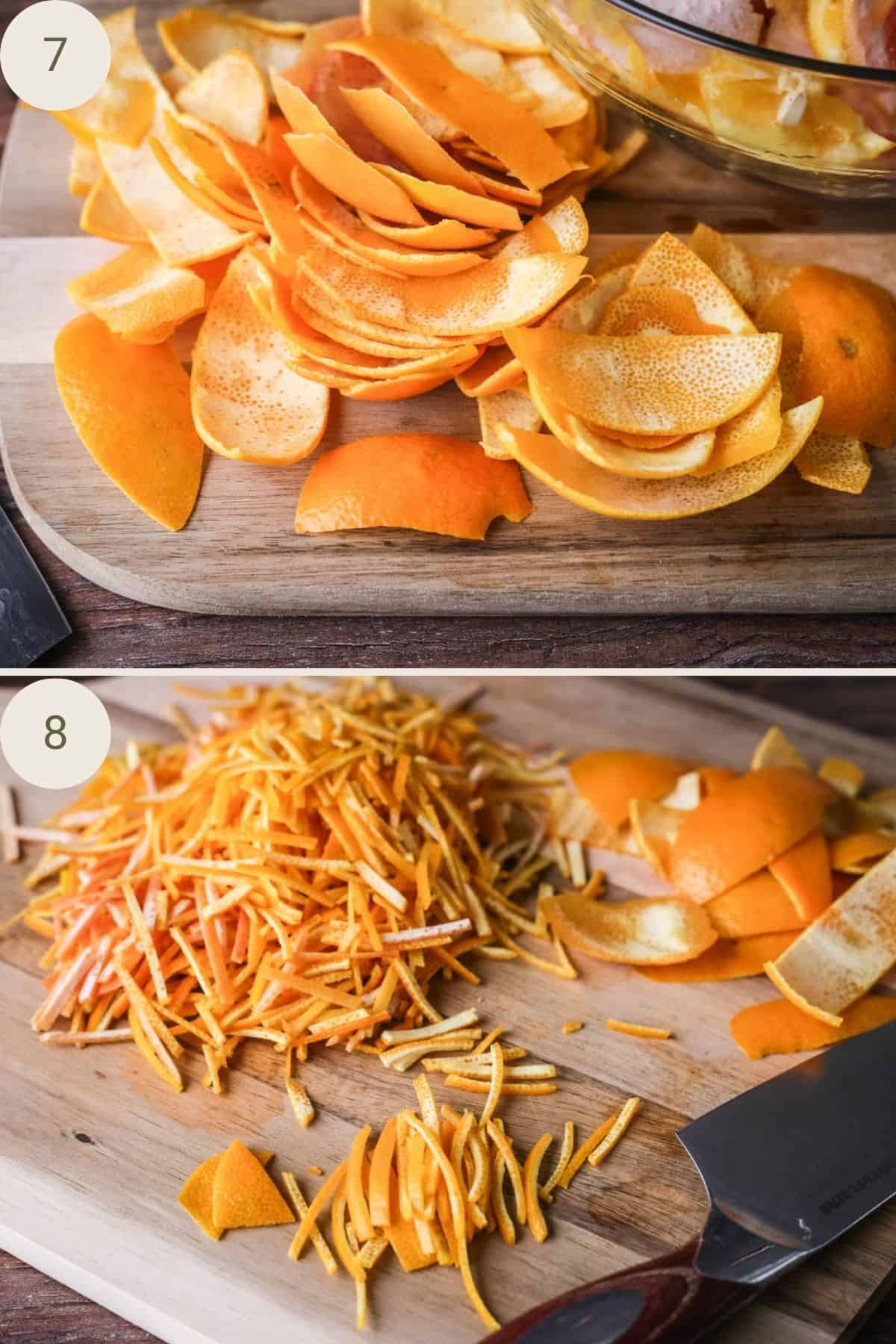 Orange peel in a pile. Orange peel segments cut widthways into fine slices.