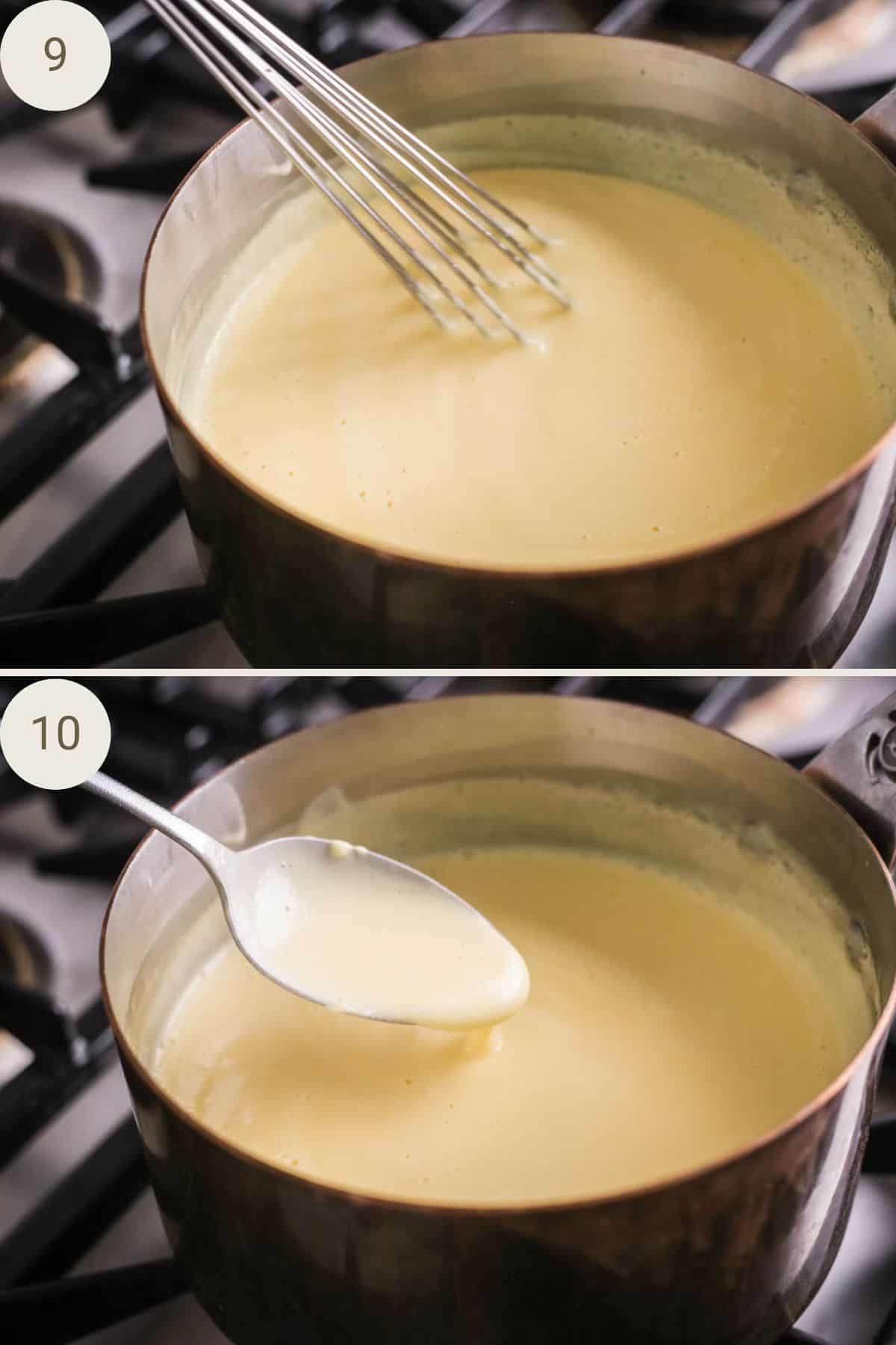 Stirring lemon custard in a saucepan until thick and pourable.
