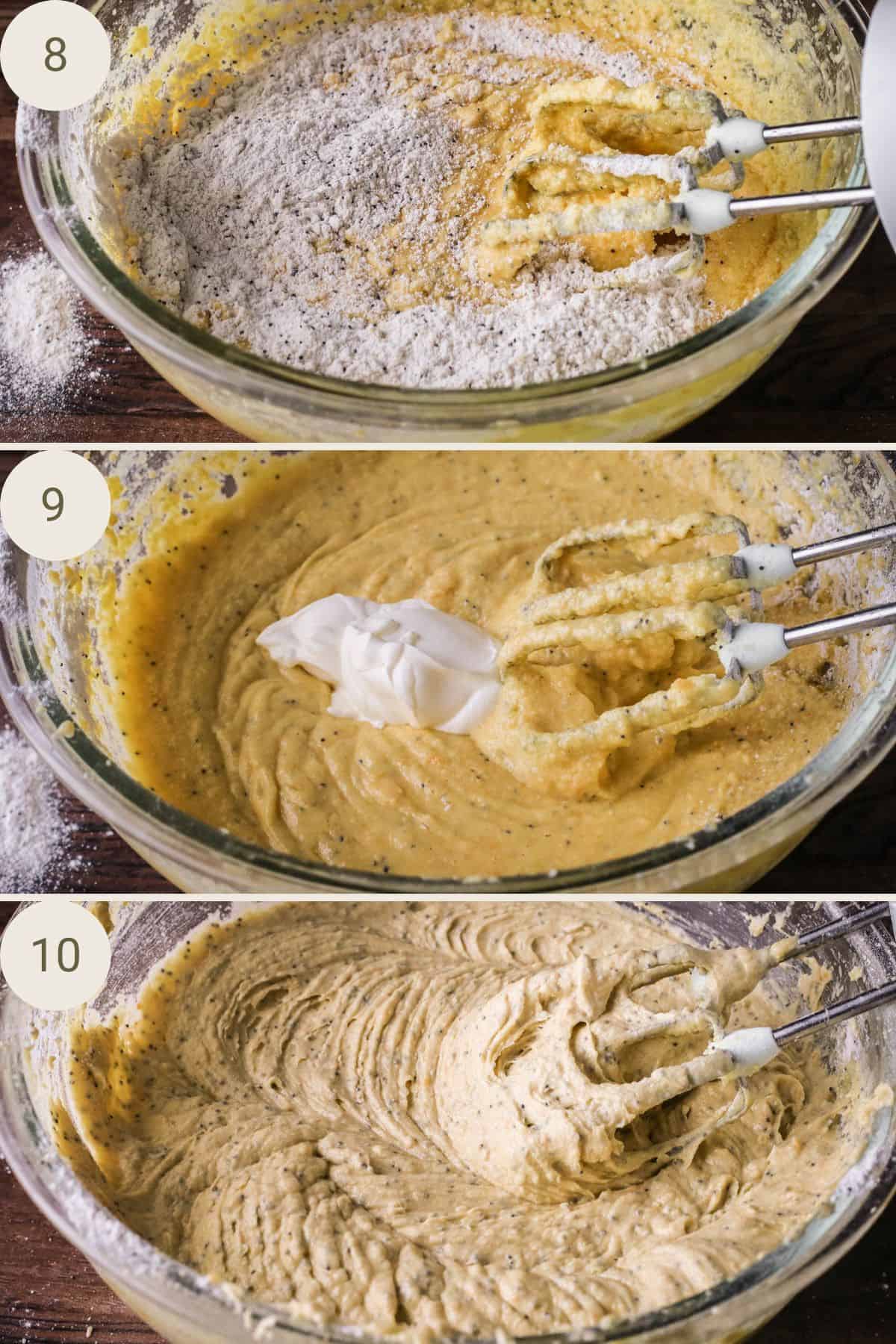 Flour mixed into batter along with sour cream.