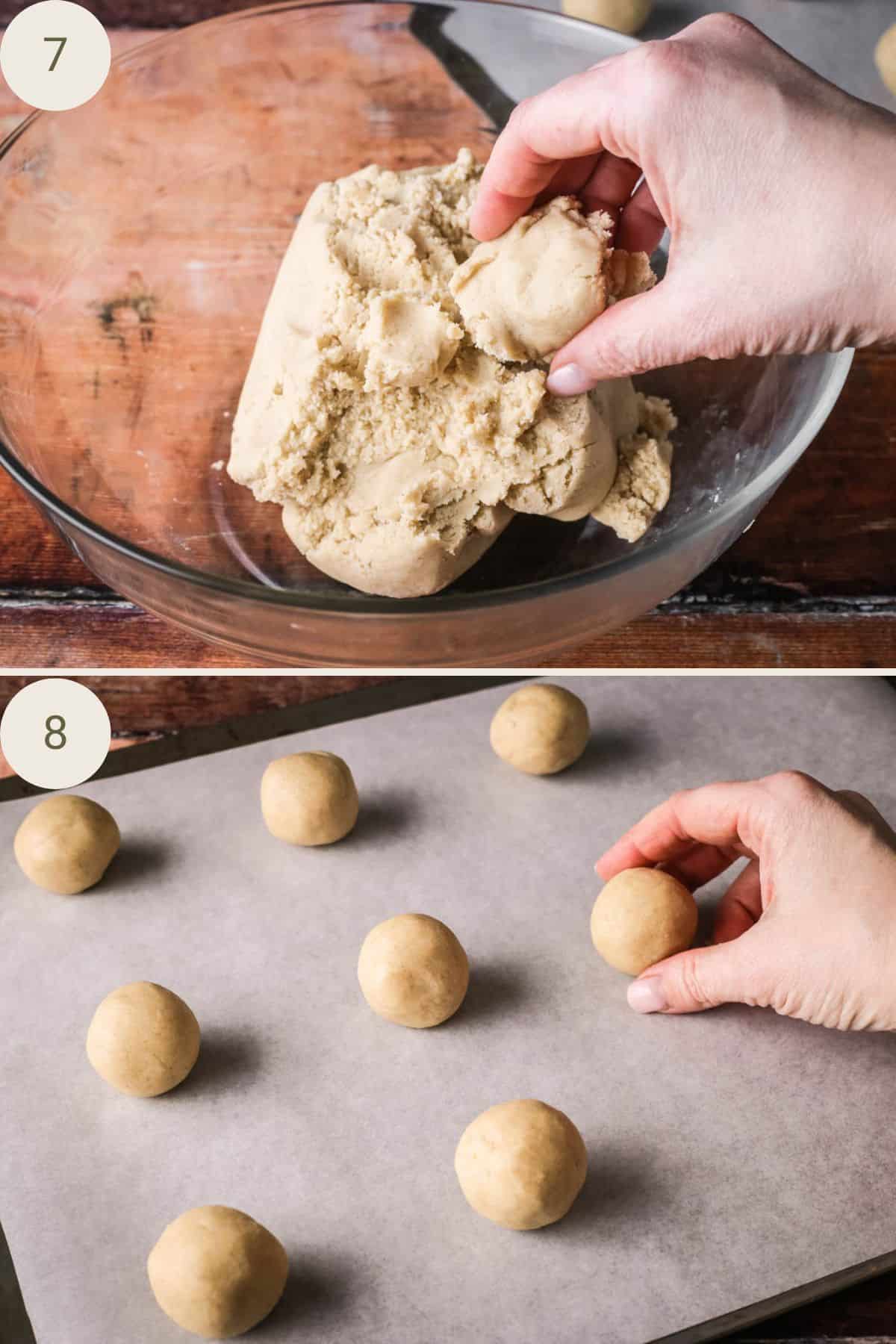 Hand tearing off dough piece, rolled into balls and placed on baking tray.