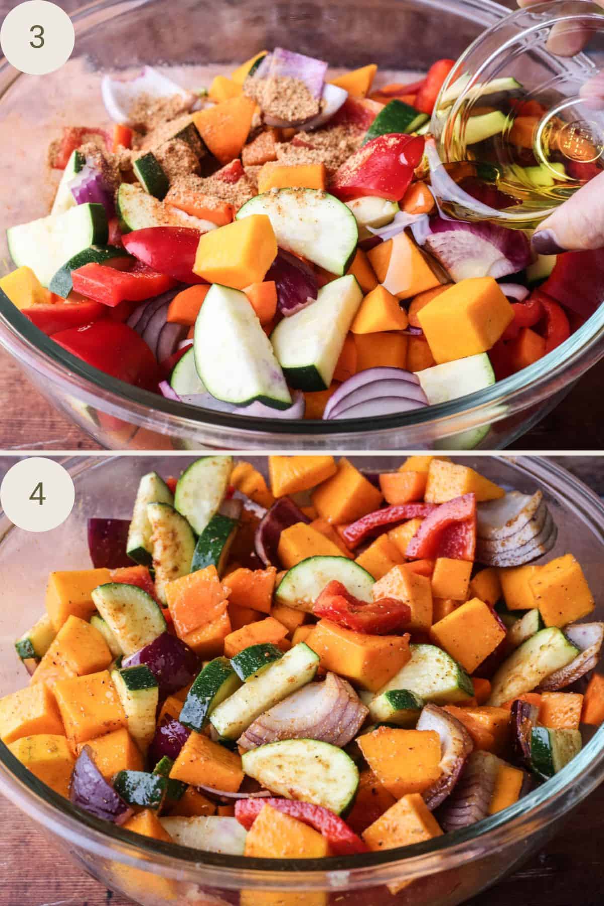 Olive oil and seasoning poured over vegetable medley and tossed together in a large glass bowl.