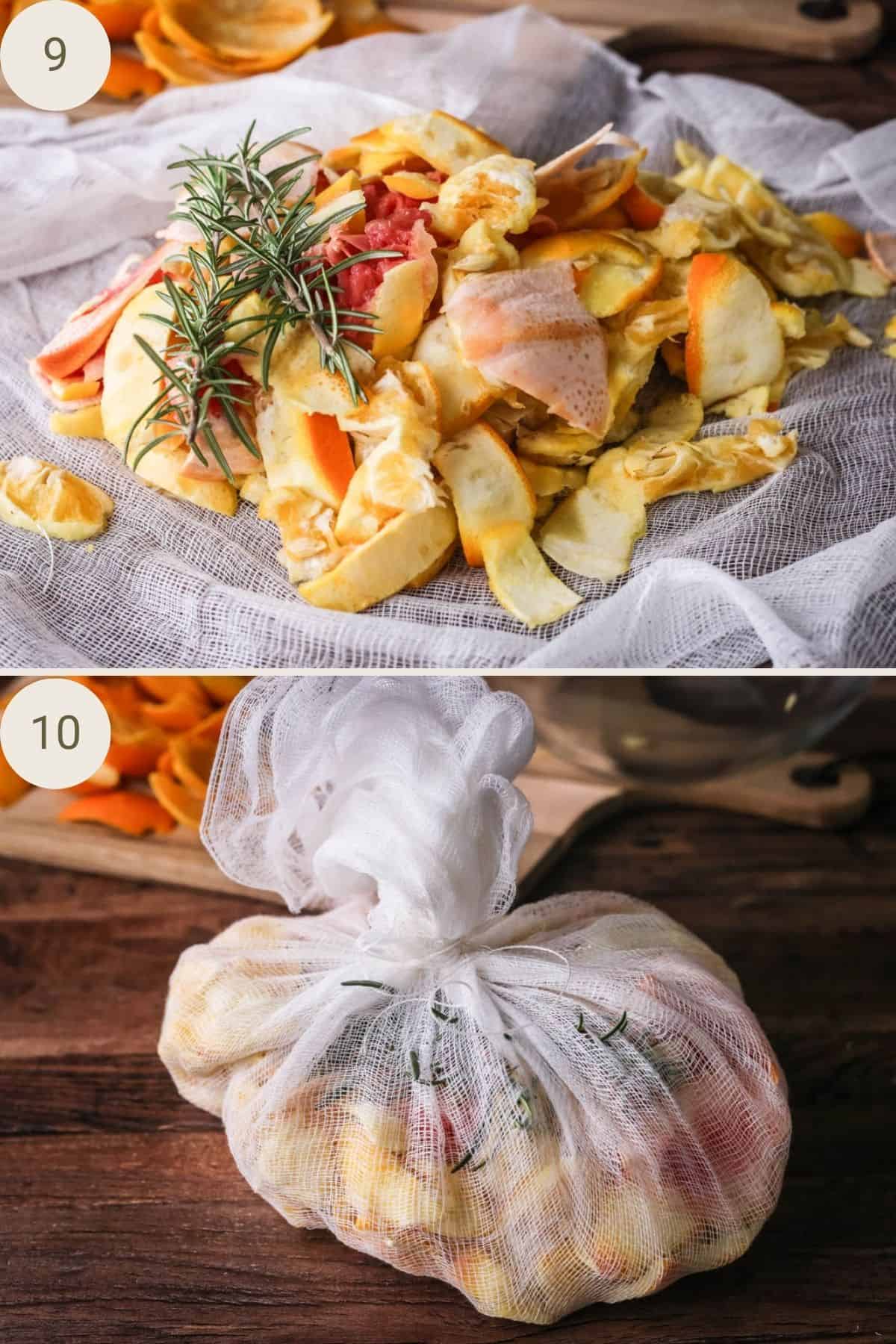 Orange and grapefruit flesh, pith and membrane placed in centre of muslin, with rosemary. Gathered together and tied with kitchen string.