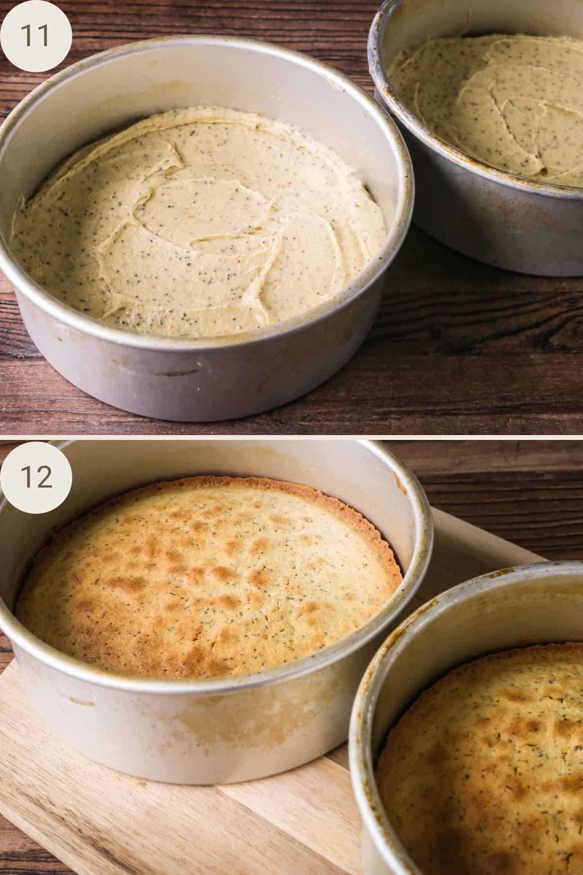 Batter poured into cake tins before baking and then the sponges baked until lightly golden.