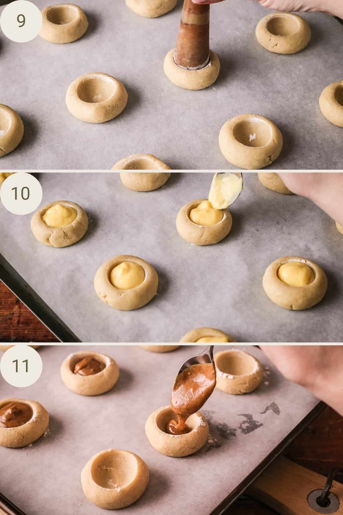 Pestle making indent in cookie dough balls. Orange curd spooned into indents. Peanut butter spooned into indents.