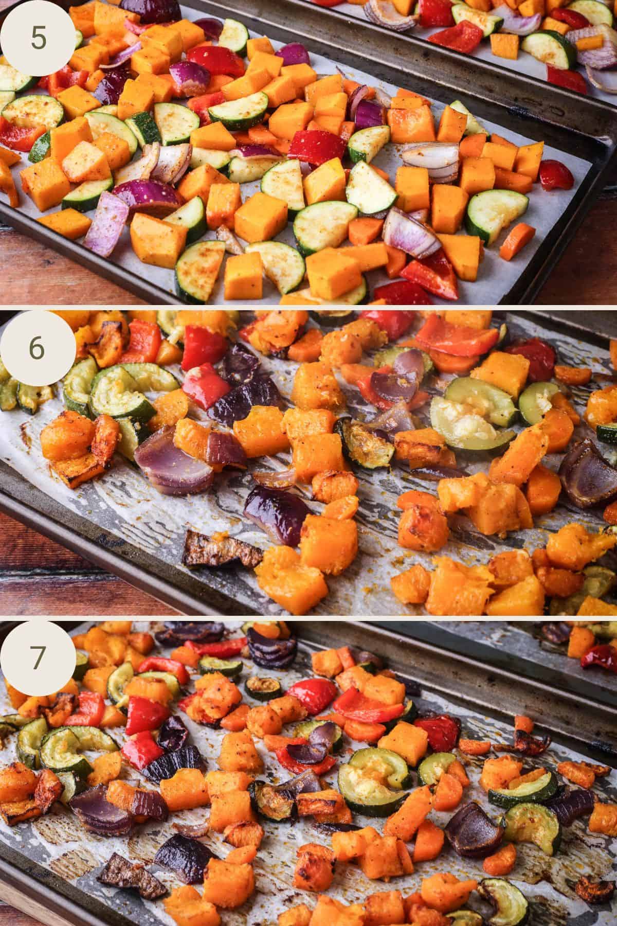 Seasoned vegetables on a baking tray before, in the middle of and after roasting.