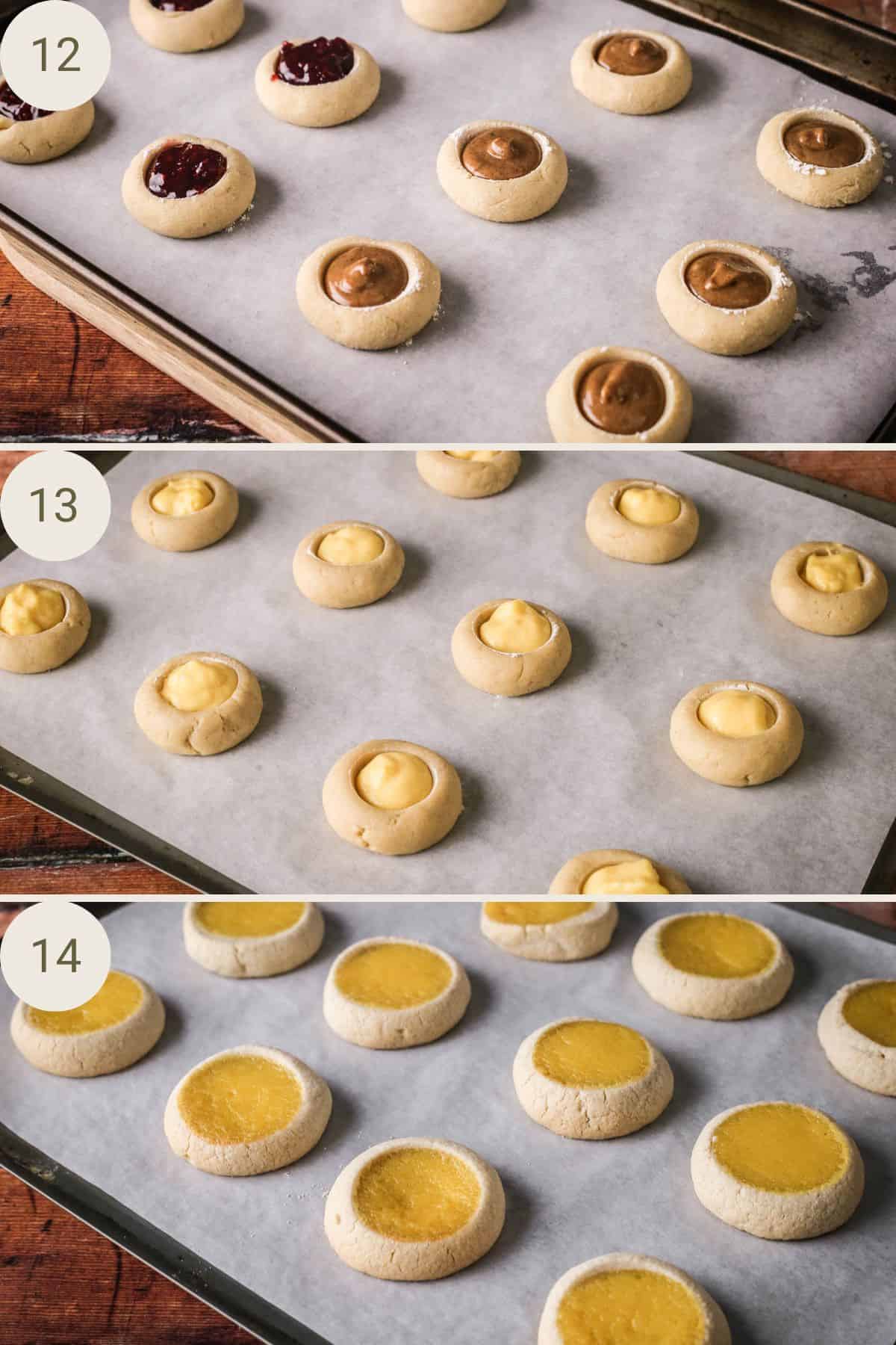 Filled baking tray of unbaked thumbprint cookies full of different flavours. Baked batch of cookies filled with orange curd.